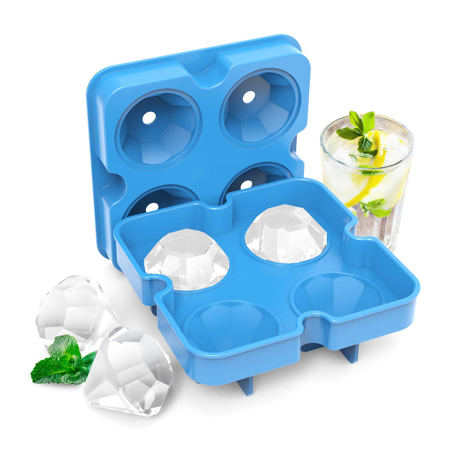 KOIOS Silicone Ice Cube Trays with Lids - 4-Pack BPA Free Diamond Ice Molds for Whiskey & Cocktails | Easy Release Flexible Ice Cube Maker for Freezer | Perfect for Home Bars, Parties & Summer Drinks (White-Blue)