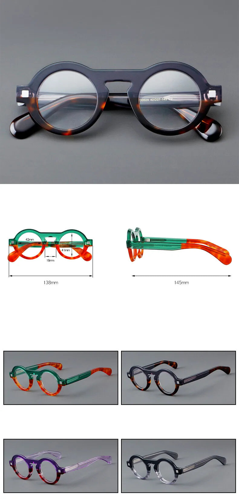 CCspace Unisex Full Rim Round Thick Acetate Eyeglasses Frame 301598 - Stylish & Durable for Men & Women - Perfect for Reading, Work, and Fashion Accessories