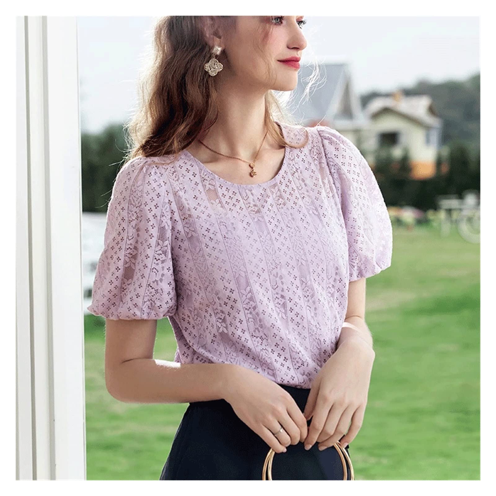 Elegant Summer Blouse for Women - Hollow Out Lace Pullover Top with Puff Short Sleeves (Purple, Size XL) - Perfect for Beach Vacations, Date Nights & Summer Parties