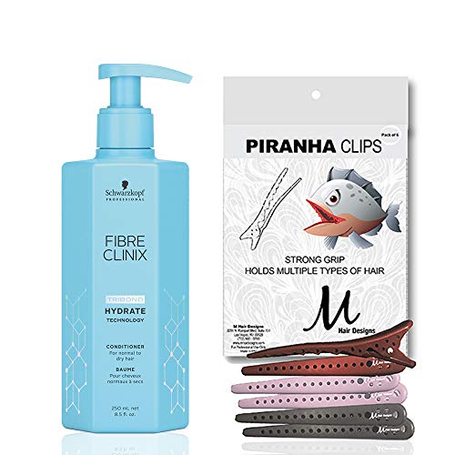 Fibre Clinix Tribond Hydrate Conditioner 250ml for Normal to Dry Hair - Improves Manageability & Elasticity | M Hair Designs Piranha Clips Assorted (2-Piece Bundle) - Perfect for Salon Styling & Home Hair Care