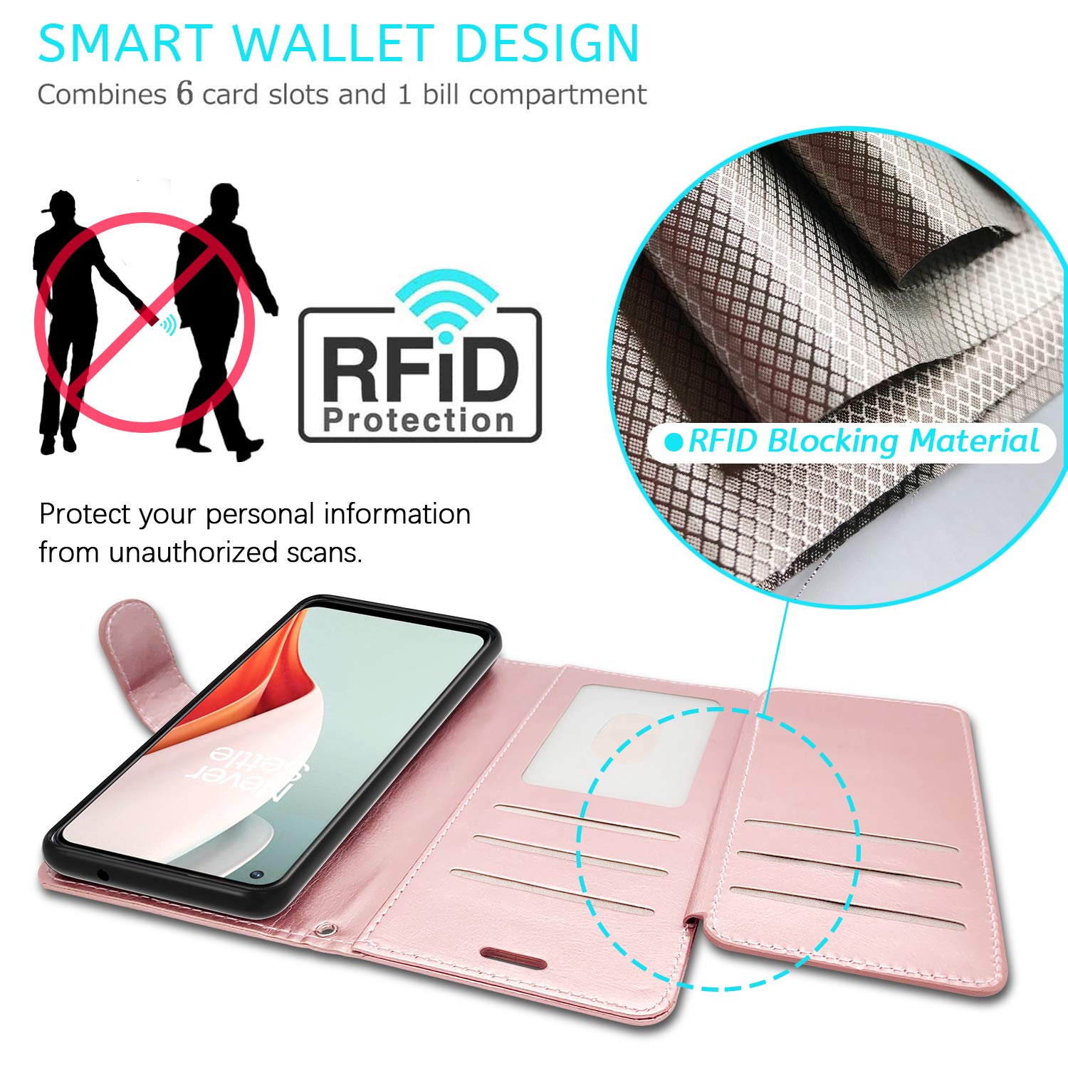 OnePlus Nord N100 Wallet Case with RFID Blocking - Premium Leather Pouch & Flip Folio Stand (Rose Gold) - Perfect for Travel, Business & Everyday Use