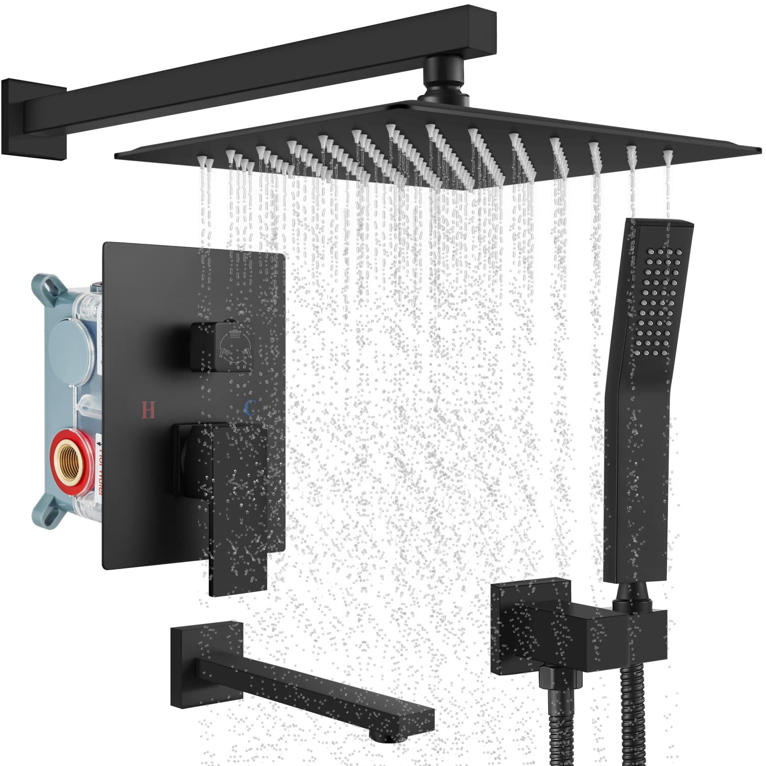 10 Inch Matte Black Shower System with Rainfall Shower Head, Handheld Spray & Tub Spout - Triple Function Wall Mount Mixer Combo for Bathroom Luxury Fixtures (Perfect for Master Bath, Guest Bath & Spa-Like Shower Experience)