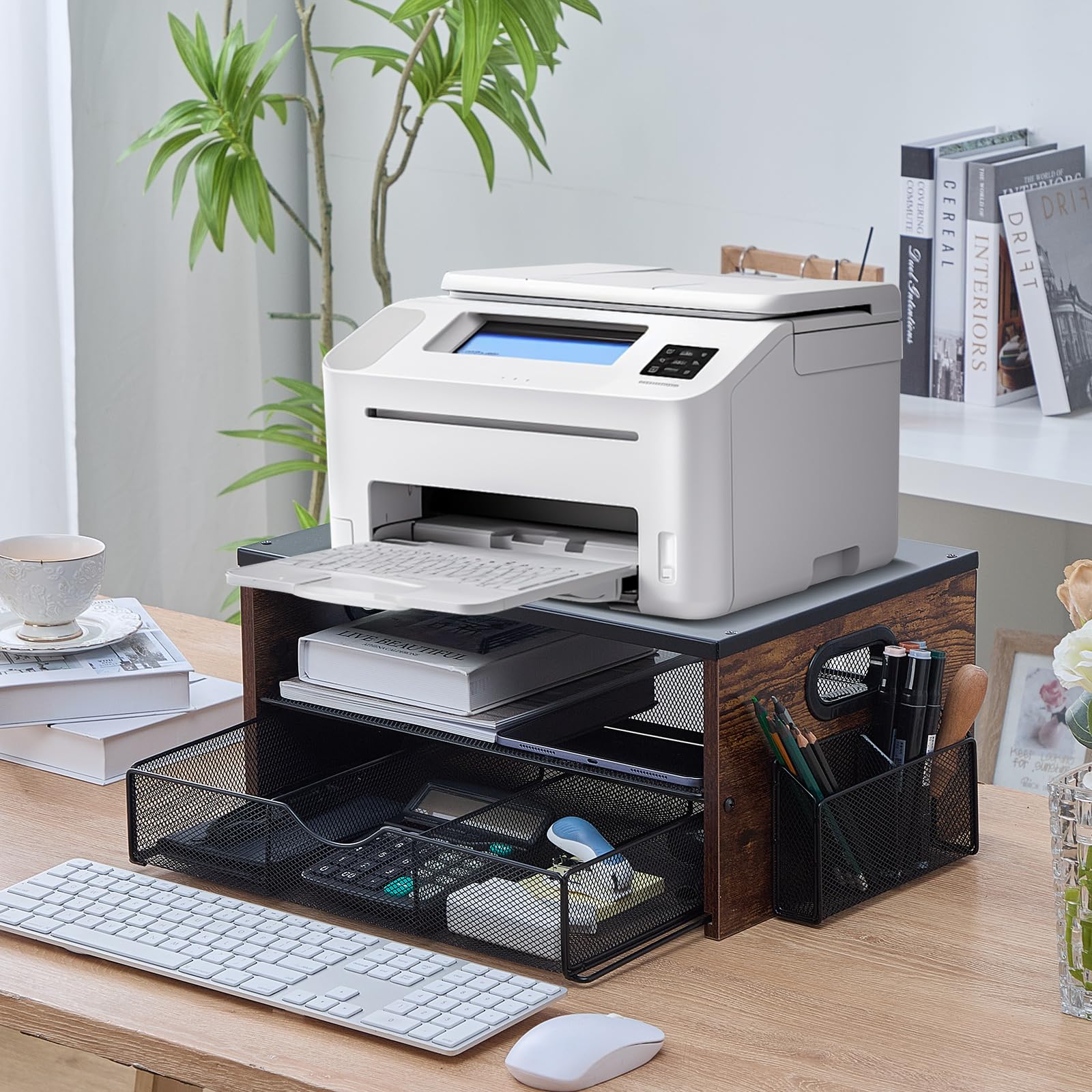 2-Tier Printer Stand with Drawer & Pen Holders - Home Office Desk Organizer for Fax Machine, Scanner & Files - Compact Workspace Storage Solution for Small Spaces