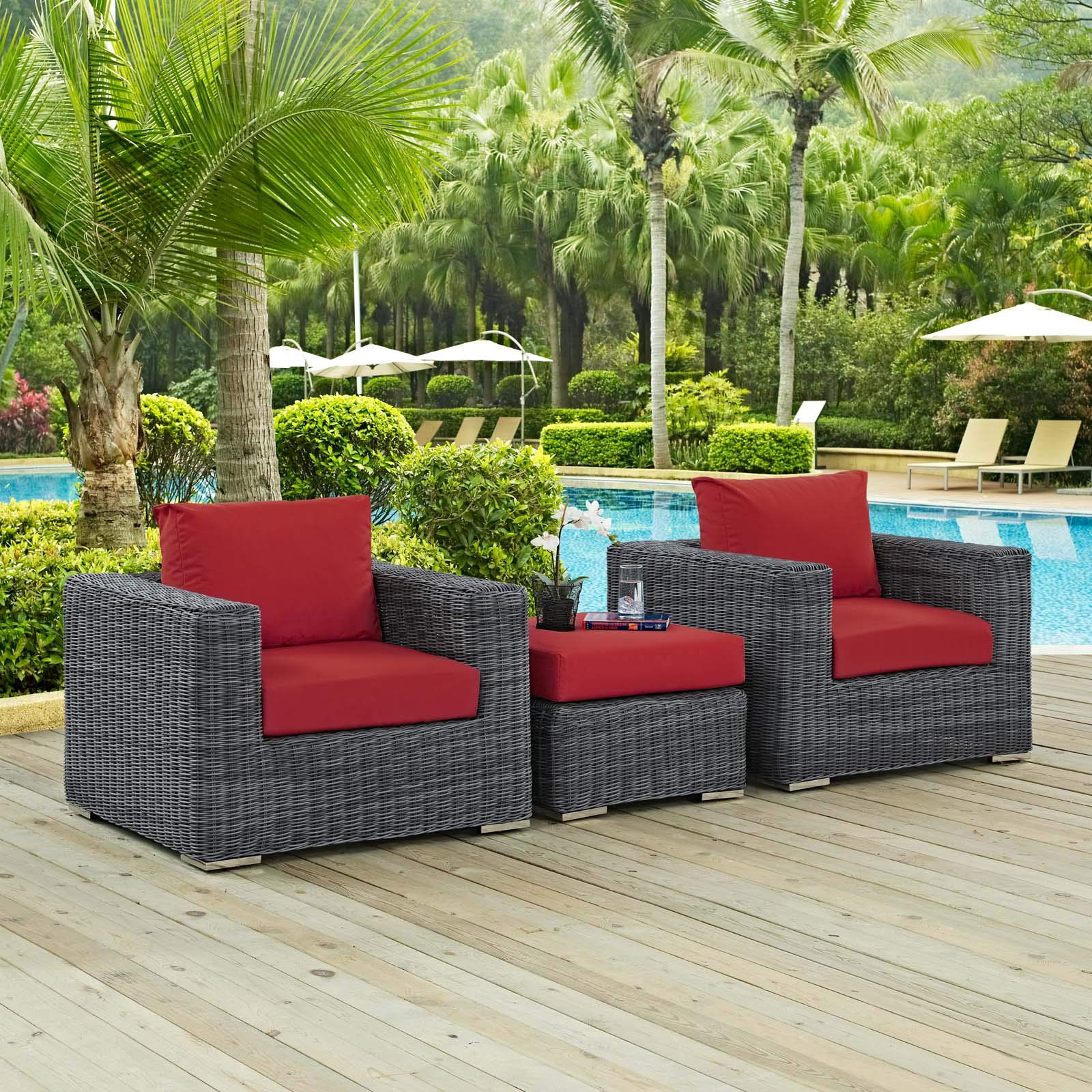 Modern Contemporary Outdoor Patio Lounge Sectional Sofa Set - Waterproof Rattan Wicker Furniture - Grey & Red Cushions - Perfect for Backyard, Poolside & Garden Relaxation