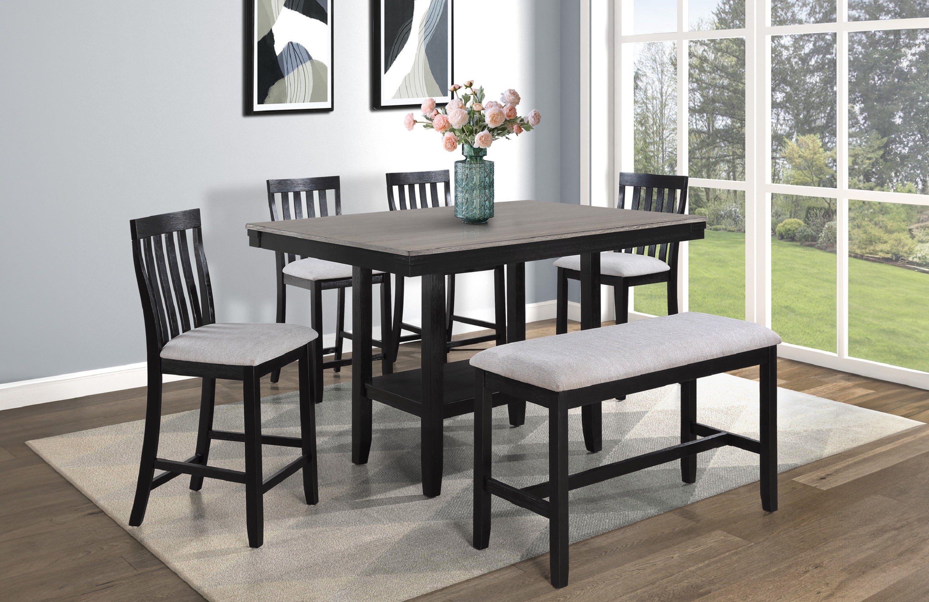 2-Piece Black & Light Gray Counter Height Chairs - Solid Wood Slat Back Bar Stools for Kitchen Island, Dining Room & Breakfast Nook - Modern Farmhouse Style Counter Stools with Comfortable Seat Height (Set of 2)
