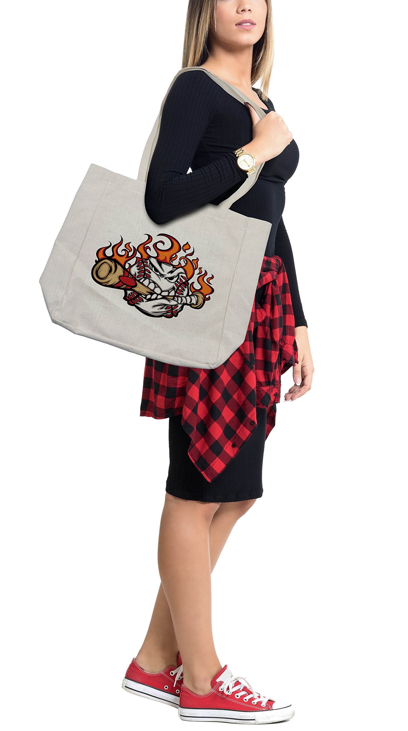 Lunarable Baseball Face Bite Bat Stitches Teeth Aggressive Angry Expression Sports Shopping Bag - Eco-Friendly Reusable Grocery Tote for Beach, Gym & Daily Use - 15.5