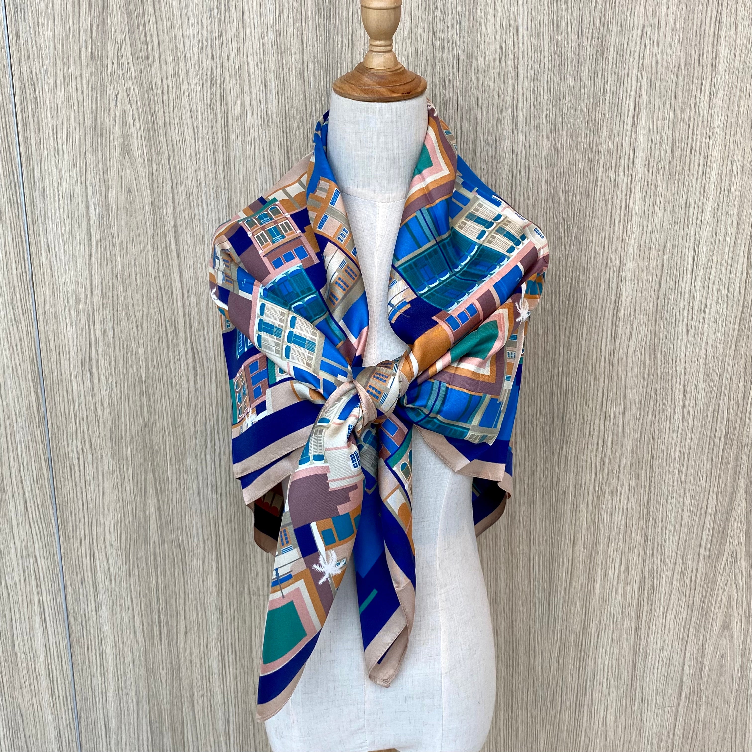 Premium Silk Scarf for Women - Luxury Singapore Shophouses Design - Elegant Fashion Accessory for Office, Wedding & Special Occasions