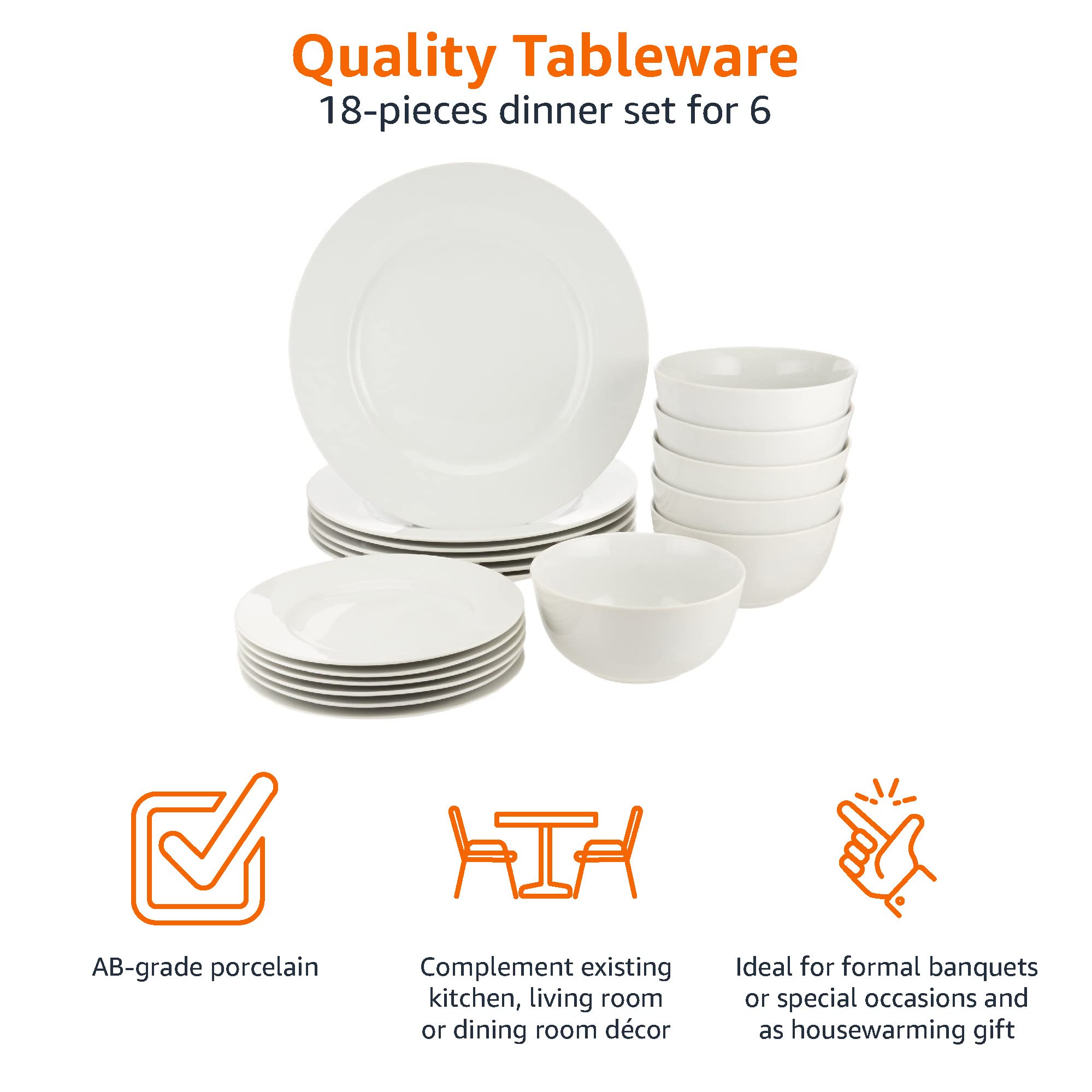 Amazon Basics 18-Piece White Dinnerware Set - Plates, Bowls & Mugs for 6 | Non-Stick 8-Piece Cookware Set with Pots & Pans | Perfect for Family Dinners, Entertaining & Everyday Kitchen Use