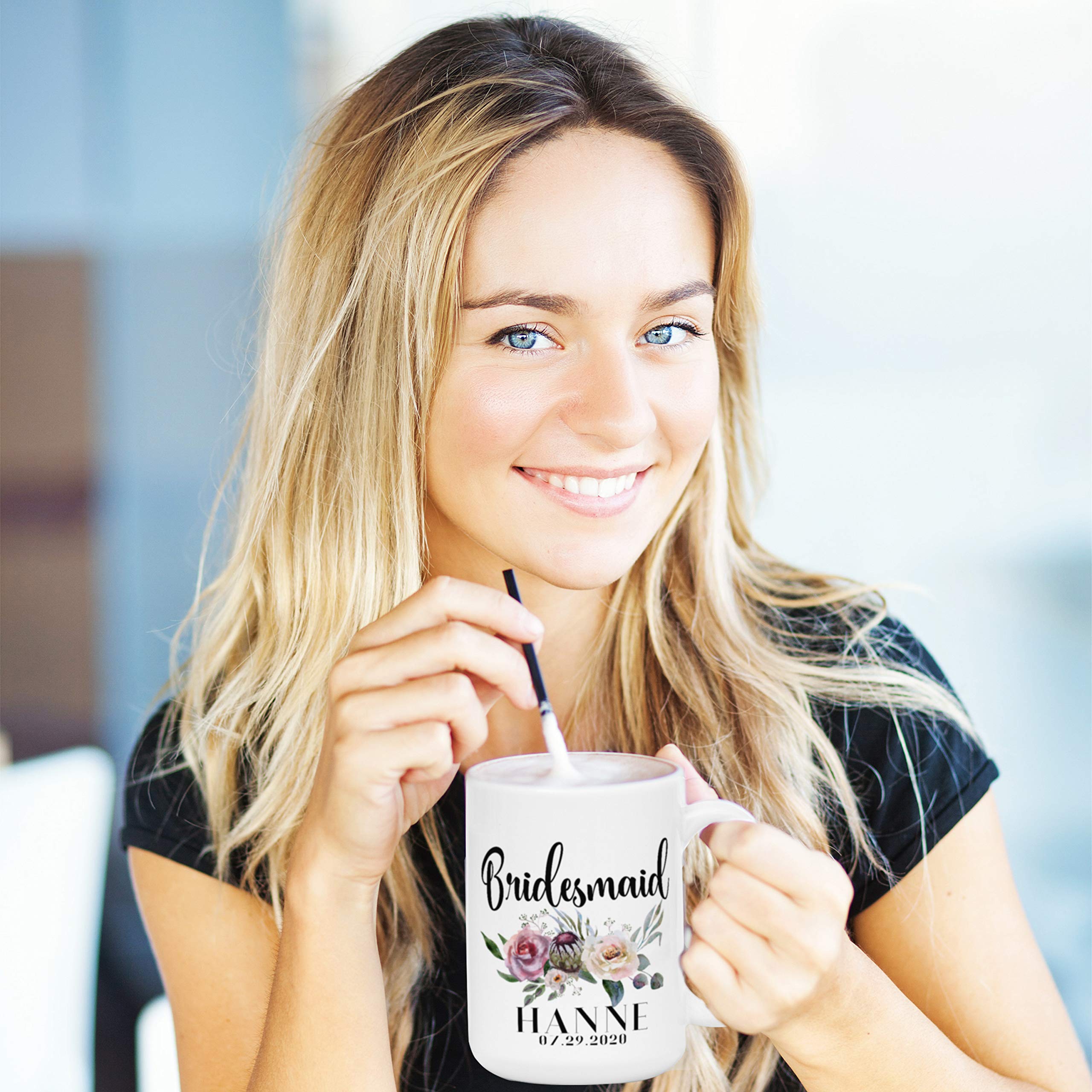 Personalized Bridesmaid Coffee Mug Set of 6 - 15oz Ceramic Mugs with Free Customization - Perfect for Matron of Honor, Mother of the Bride & Bridesmaid Gifts - Floral Design - Ideal for Bachelorette Parties, Wedding Showers & Thank You Gifts