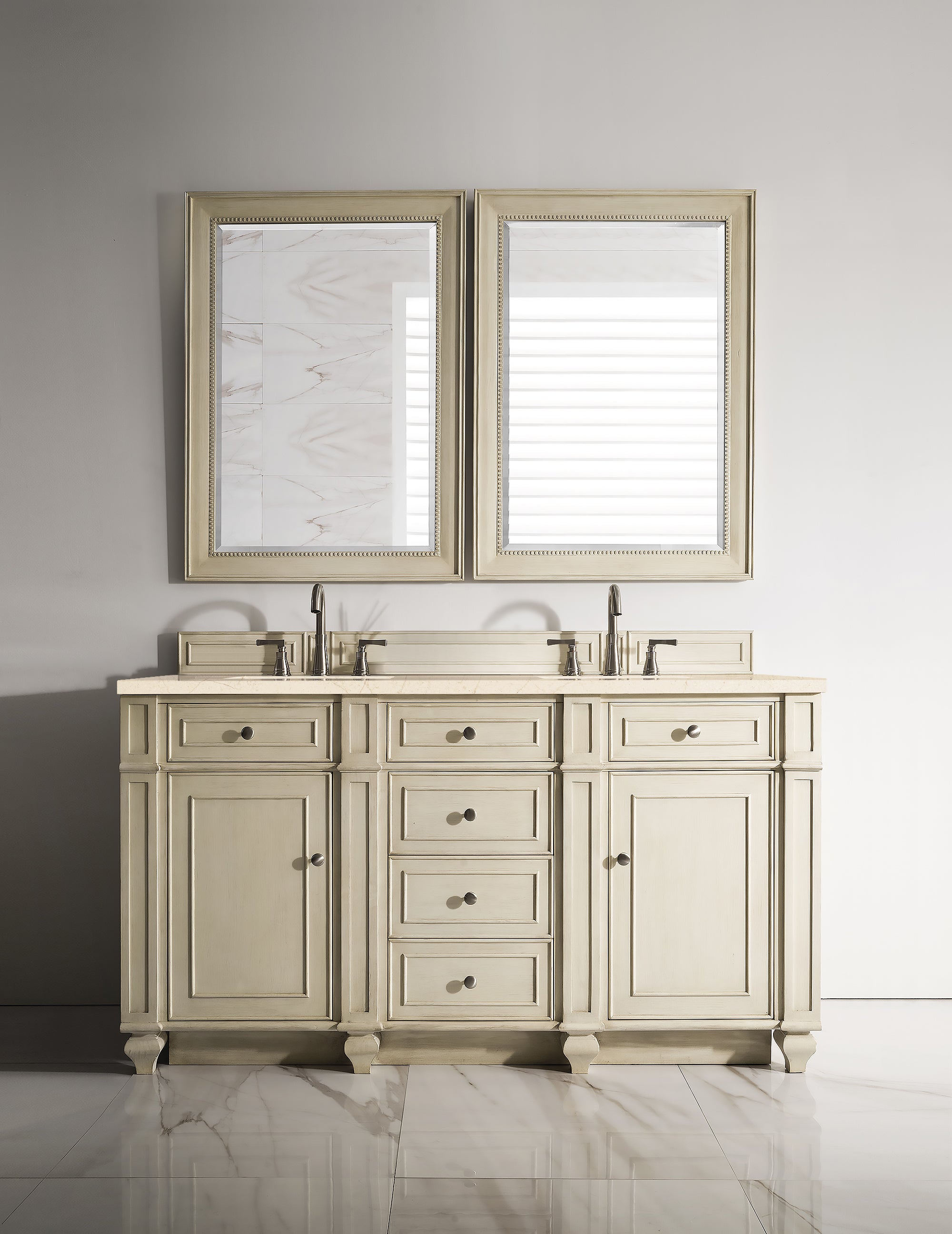 Bristol 60 Inch Double Bathroom Vanity in Vintage Vanilla with 3CM Eternal Marfil Quartz Countertop - Perfect for Master Bathroom & Guest Bath Remodeling