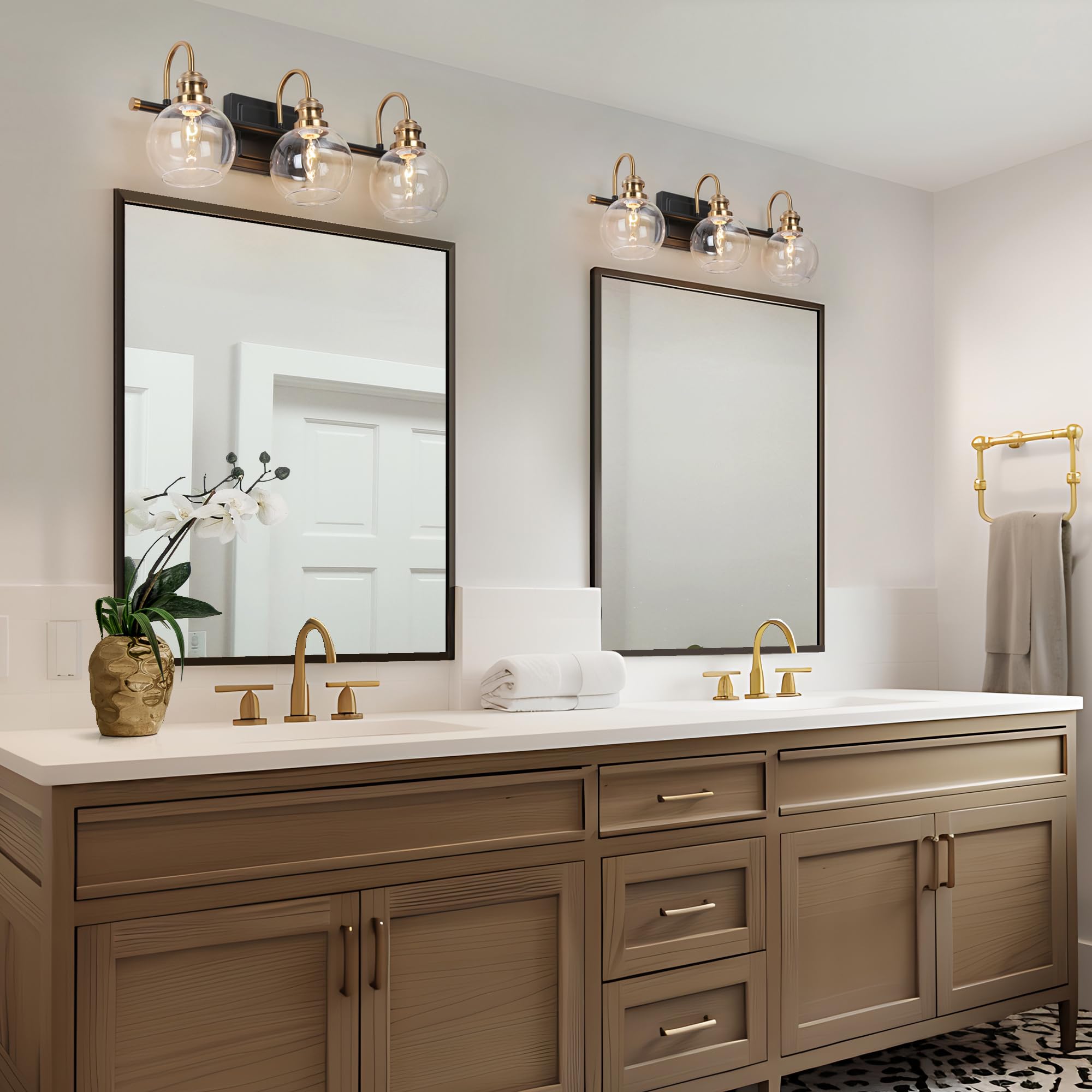 ZEVNI Black Gold Vanity Lights - 3-Light Bathroom Light Fixtures with Clear Glass Globes, 22