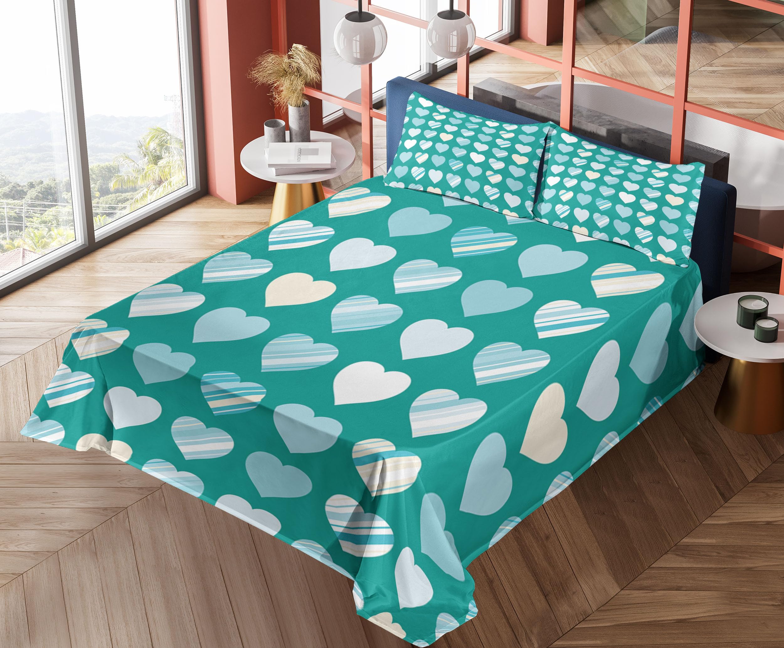 Ambesonne Romance 4-Piece Sheet Set - King Size, Jade Green Seafoam Cream with Heart Lovers Design, Fitted & Flat Sheets + Pillowcases | Soft Bedding for Couples, Valentine's Gift, Master Bedroom Decor