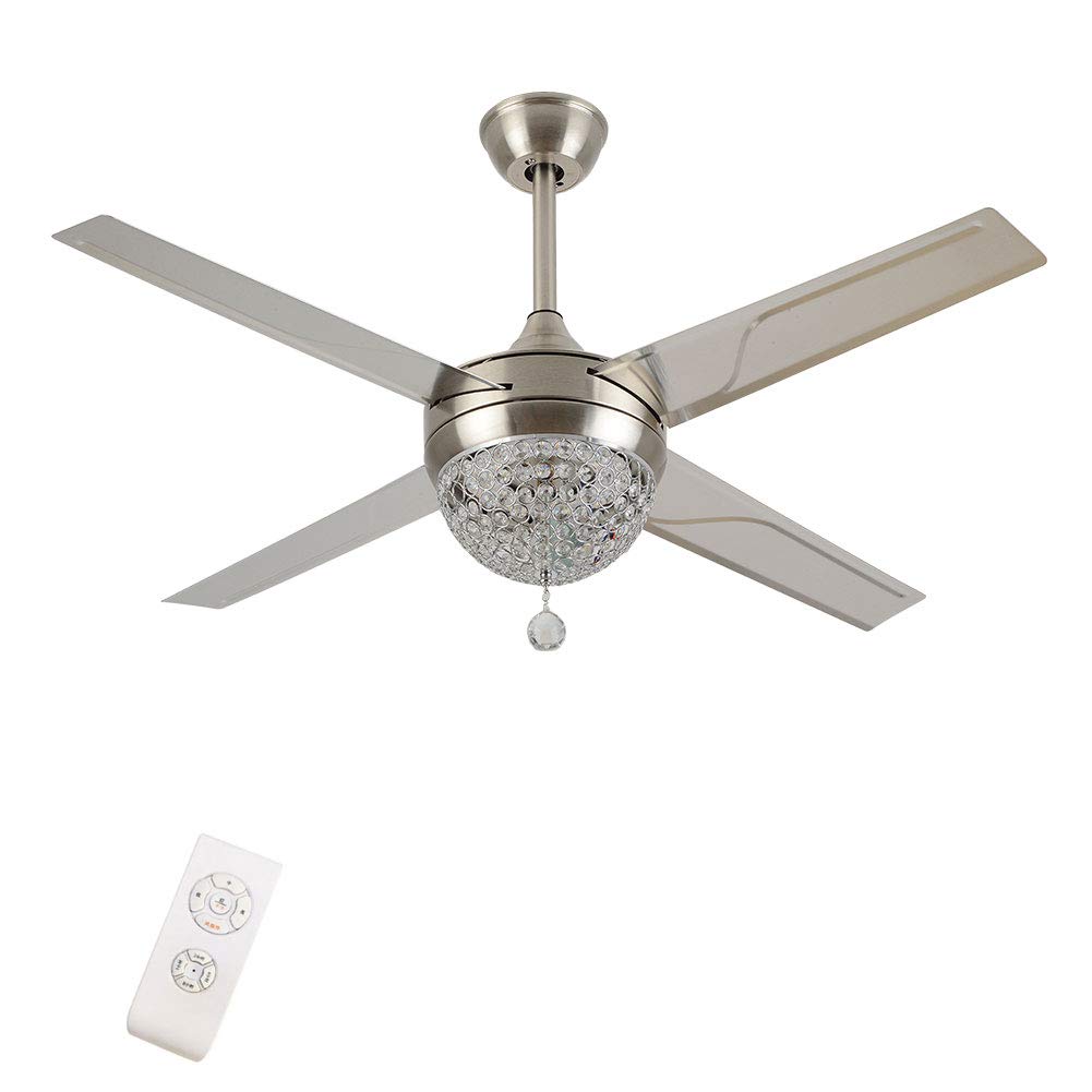 Modern Crystal Ceiling Fan with Remote Control - 44 Inch LED Chandelier & Silent Electric Fan with 4 Stainless Steel Blades - Silver Home Decor for Living Room & Dining Room | Perfect for Cooling & Lighting in Bedrooms, Offices, and Patios