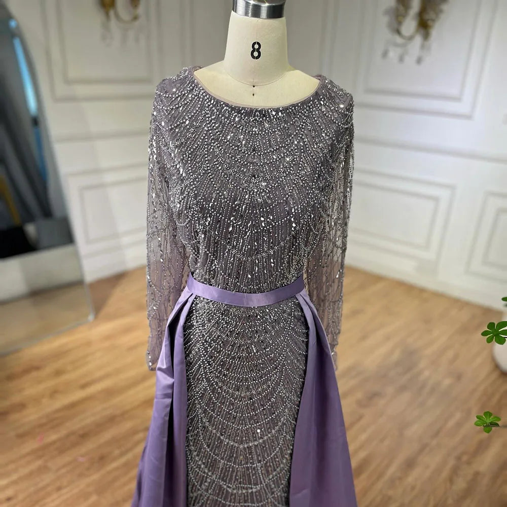 Serene Hill Muslim Purple Mermaid Beaded Pearls Evening Gown with Detachable Overskirt for Women | Elegant Wedding Dress & Party Gown 2025 LA72032E | Perfect for Bridal Showers, Formal Events & Special Occasions