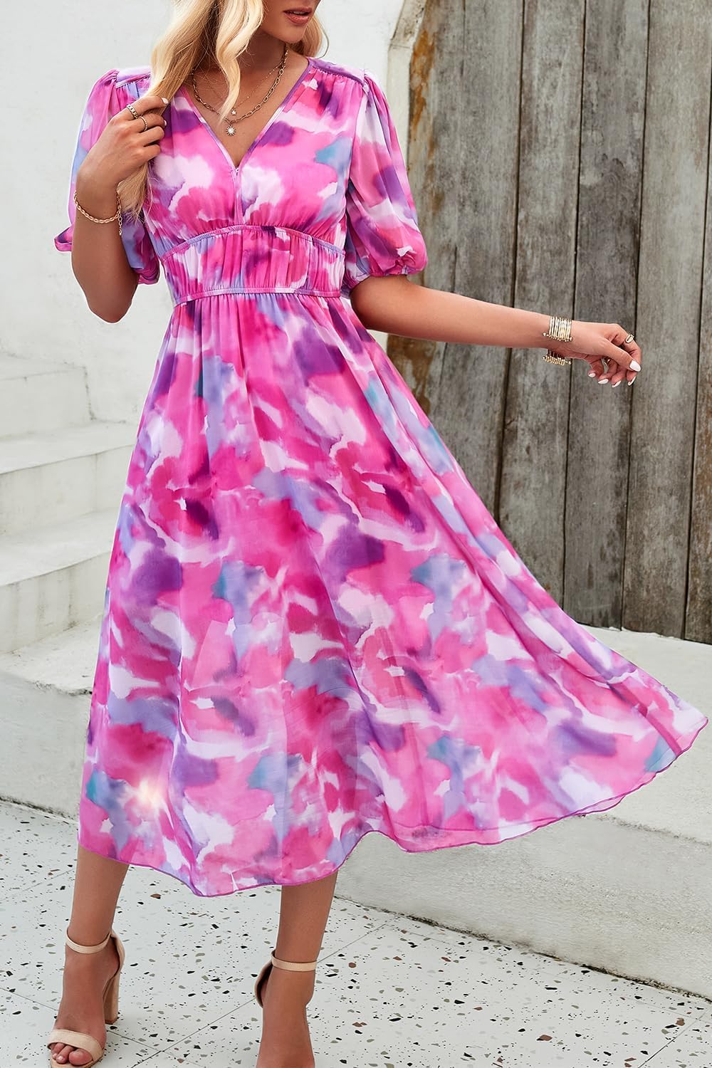 Floral Wrap V-Neck Midi Dress for Women - Short Sleeve Summer Dress with Elastic Waist | Perfect for Beach Vacations, Garden Parties & Casual Outings 2025