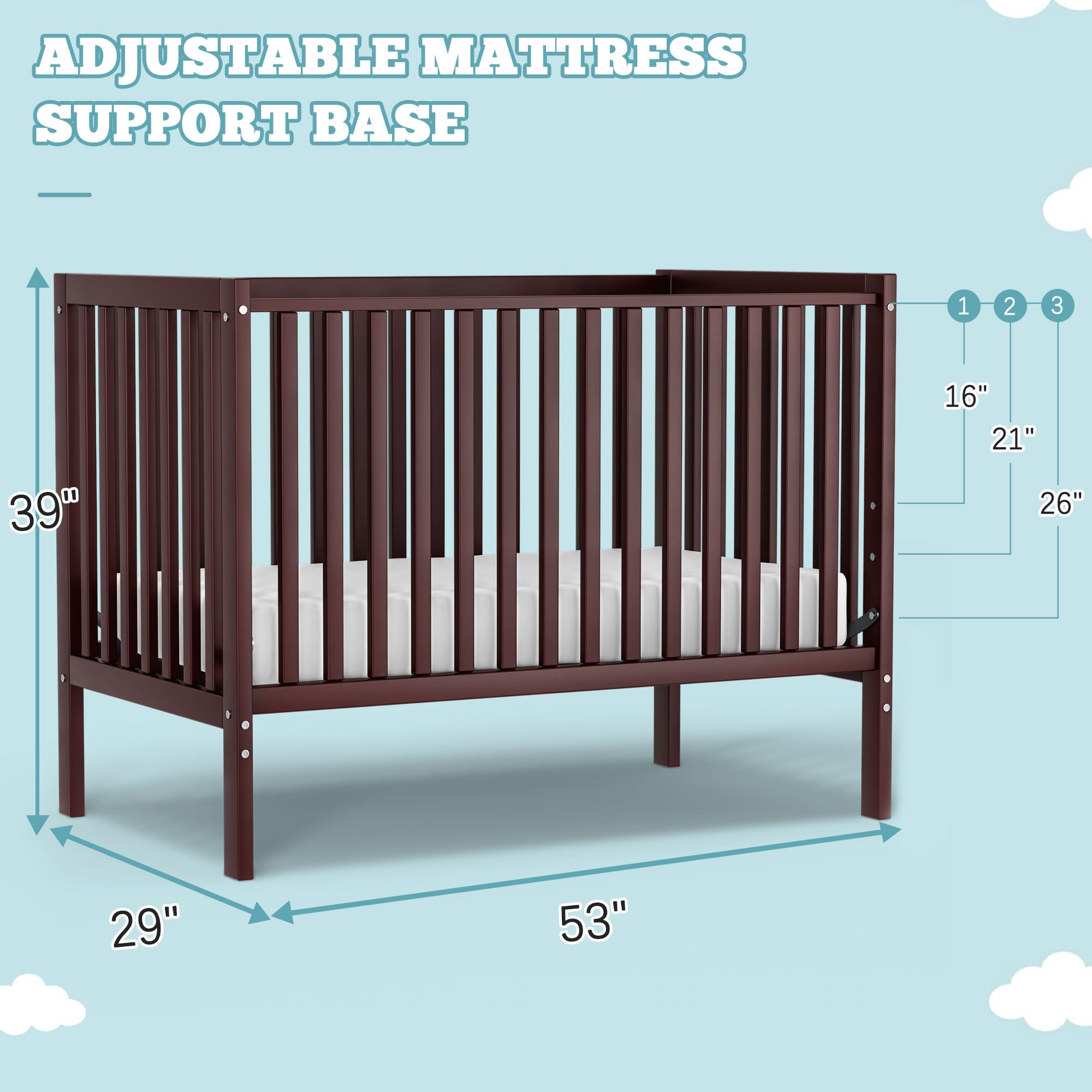 5-in-1 Convertible Baby Crib to Toddler Bed - Sustainable Natural Pinewood, Non-Toxic Finish, Full Size Nursery Furniture (Espresso) - Perfect for Small Spaces & Growing Babies