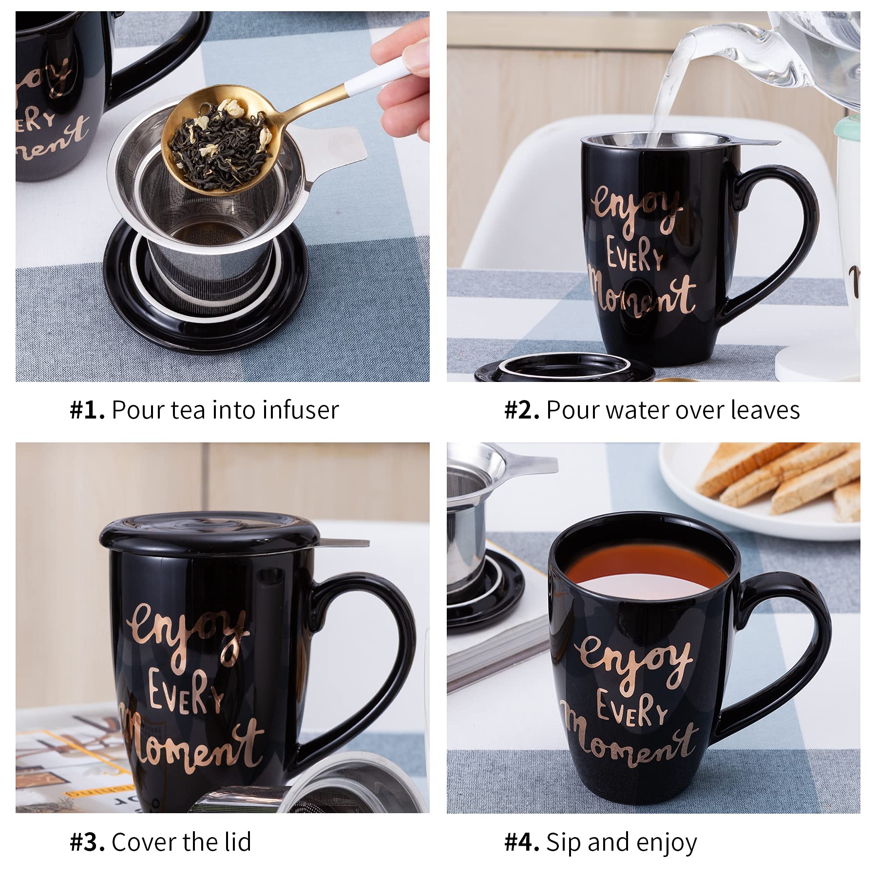 Premium Porcelain Tea Mug with Stainless Steel Infuser - 16 oz Ceramic Tea Cup with Lid, Black - Perfect for Loose Leaf Tea, Herbal Tea, and Coffee at Home or Office