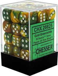 Chessex 36-Piece 12mm Gold Green & White Gemini D6 Dice Set - Perfect for Dungeons & Dragons, Board Games, and Tabletop RPGs