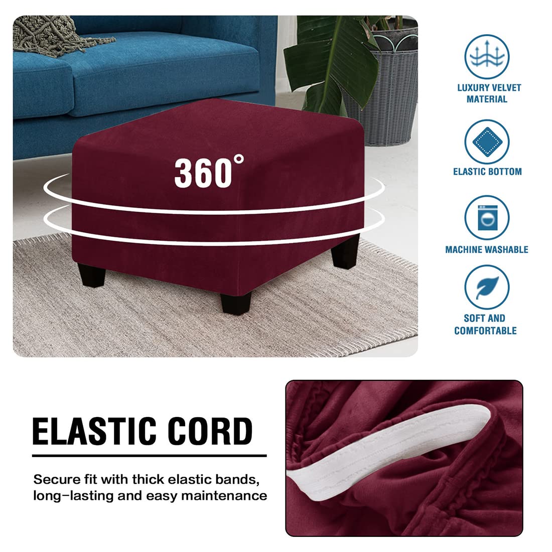 Stretch Velvet Square Ottoman Slipcover - Machine Washable Furniture Protector with Elastic Bottom for Folding Storage Stool (Burgundy) | Perfect for Living Room, Bedroom & Home Decor