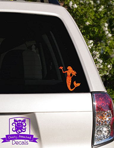 Mermaid with Seashell Vinyl Decal - 10 Inch Orange Metal Flake Car Sticker for Windows, Trucks, Laptops & Electronics - Waterproof Decorative Decal for Beach Themed Decor, Summer Road Trips & Coastal Home Accents