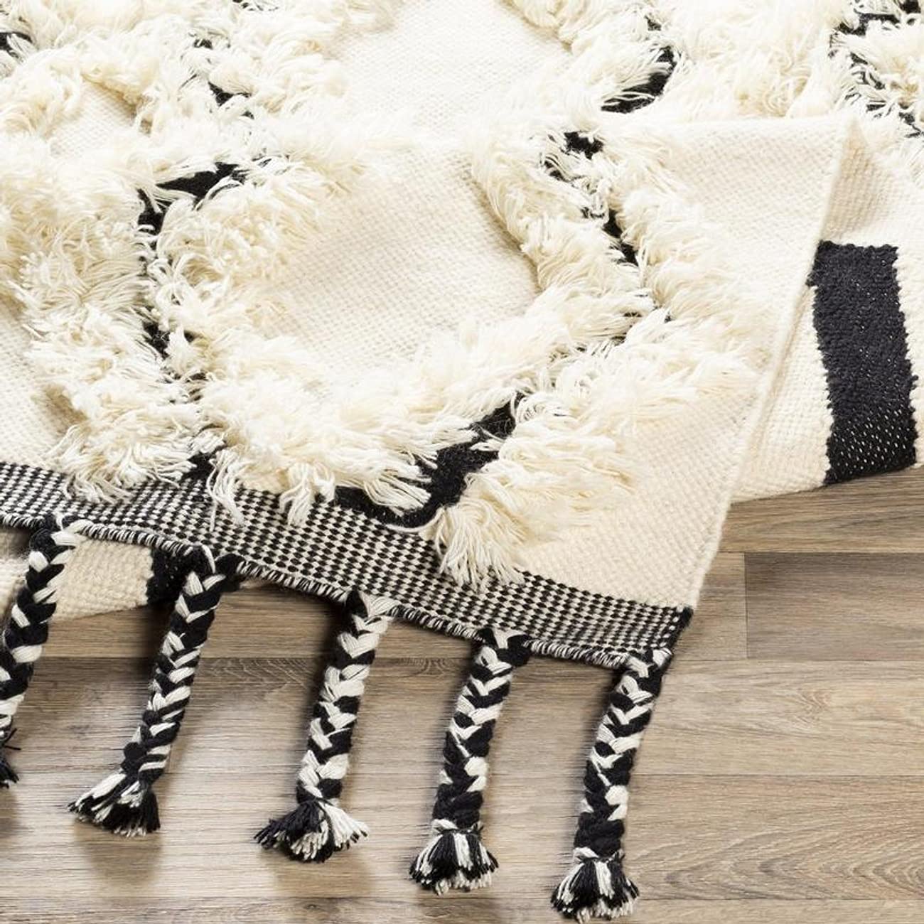 Premium 8x10 Wool Shag Area Rug - Soft Cream White Blue Black Carpet for Living Room, Bedroom, Kitchen | Luxurious & Durable Floor Decor for Home, Office, or Dorm