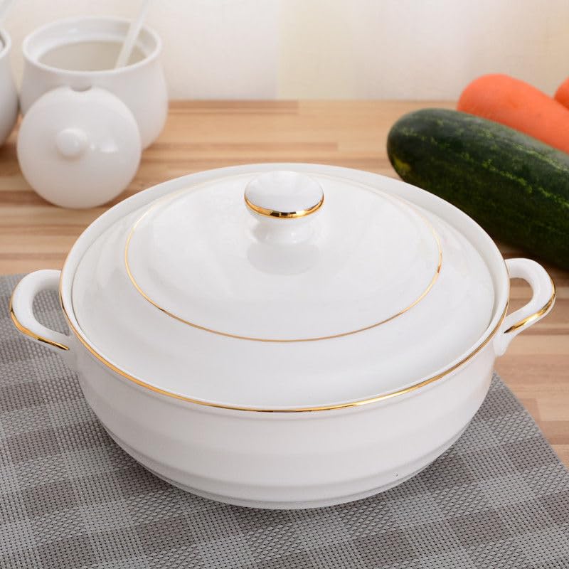 Premium White Ceramic Soup Tureen with Lid - Large Heat-Resistant Porcelain Serving Bowl with Gold Gilded Handles (Spiral Design) - Perfect for Holiday Dinners, Catering & Elegant Table Settings