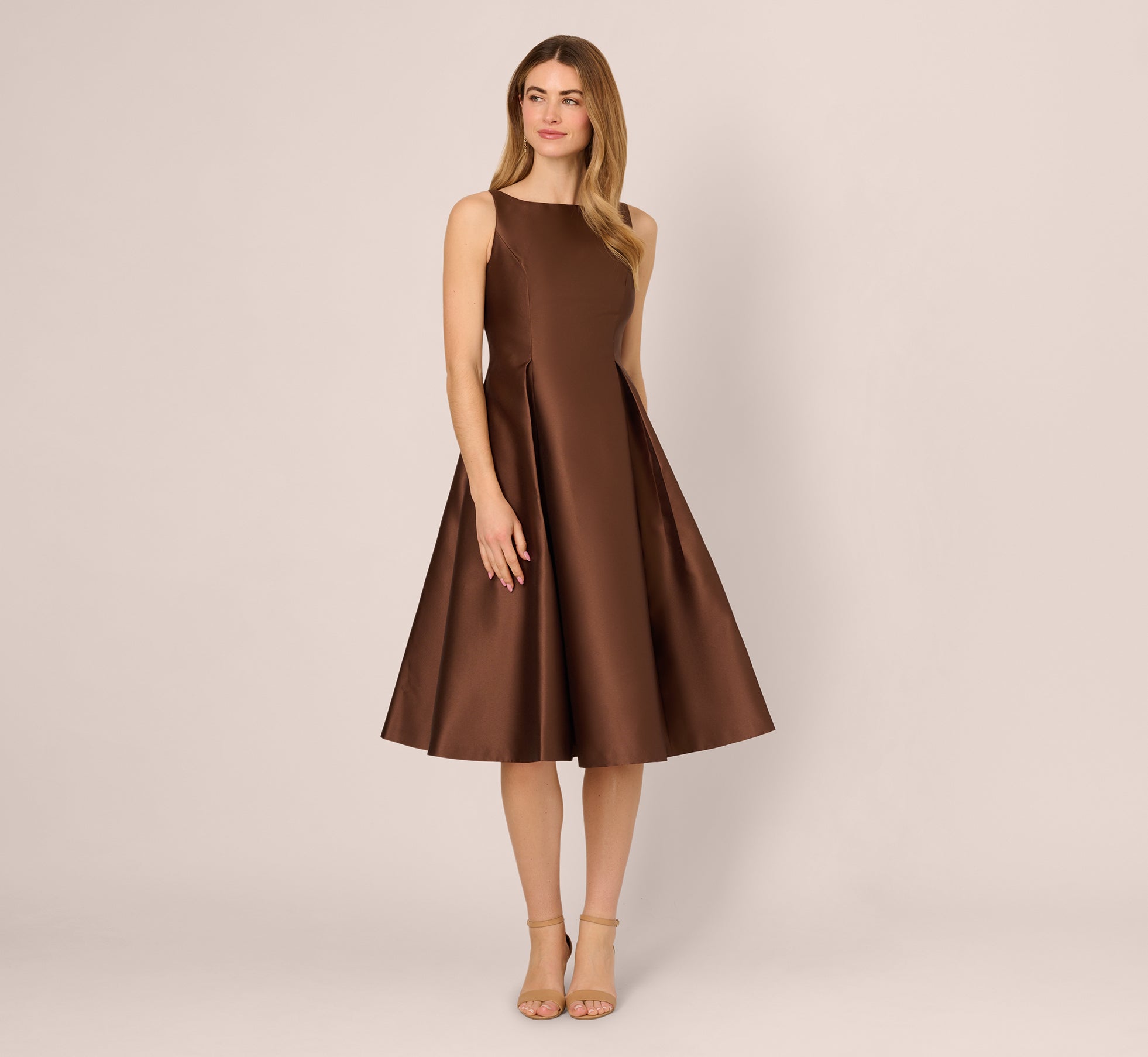 Elegant Sleeveless Mikado Fit and Flare Midi Dress with V Back in Espresso - Perfect for Weddings, Cocktail Parties & Special Occasions
