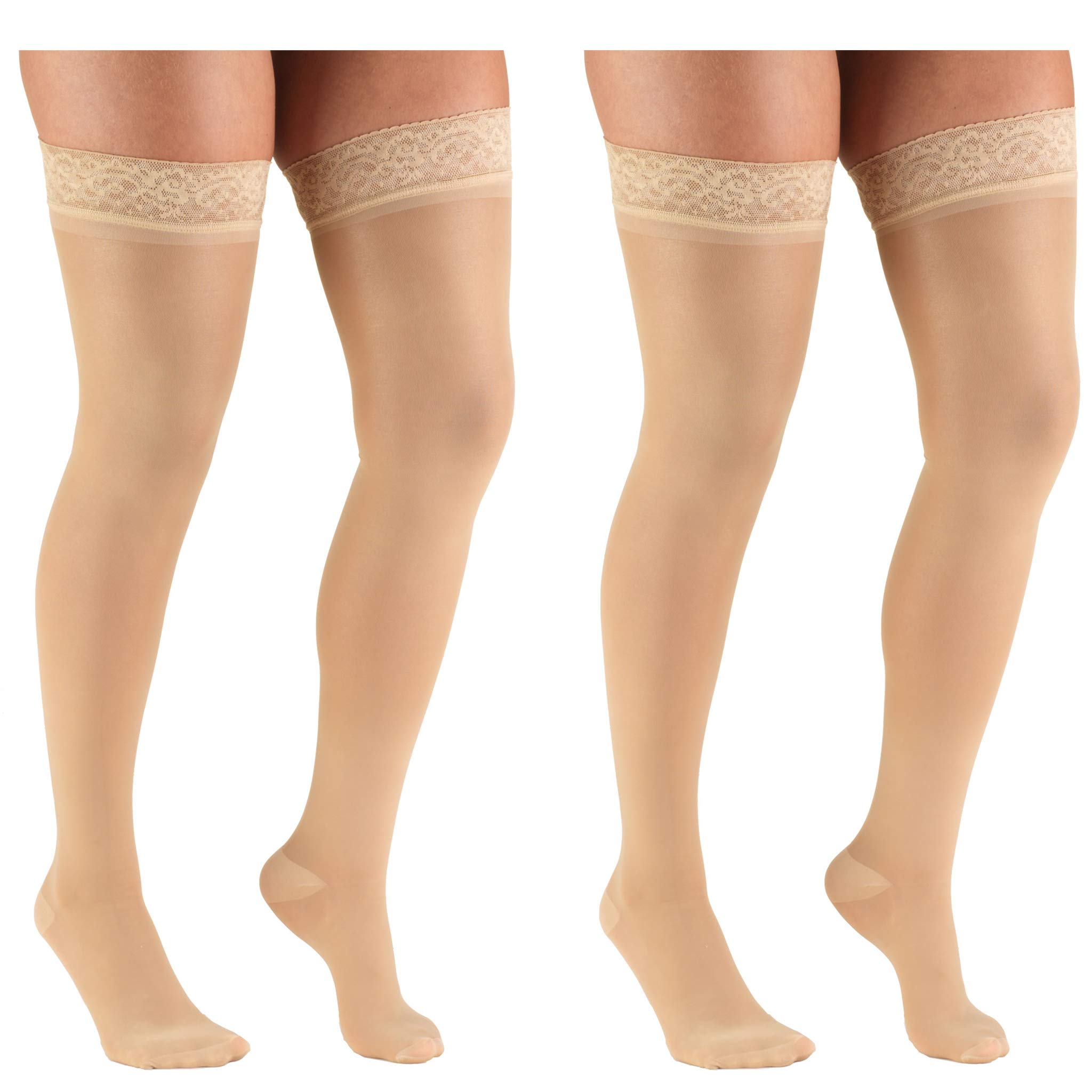 Truform 20-30 mmHg Compression Stockings for Women - Thigh High Sheer Beige, Large Size (2-Pack) | Ideal for Circulation Support, Varicose Veins & Travel Comfort