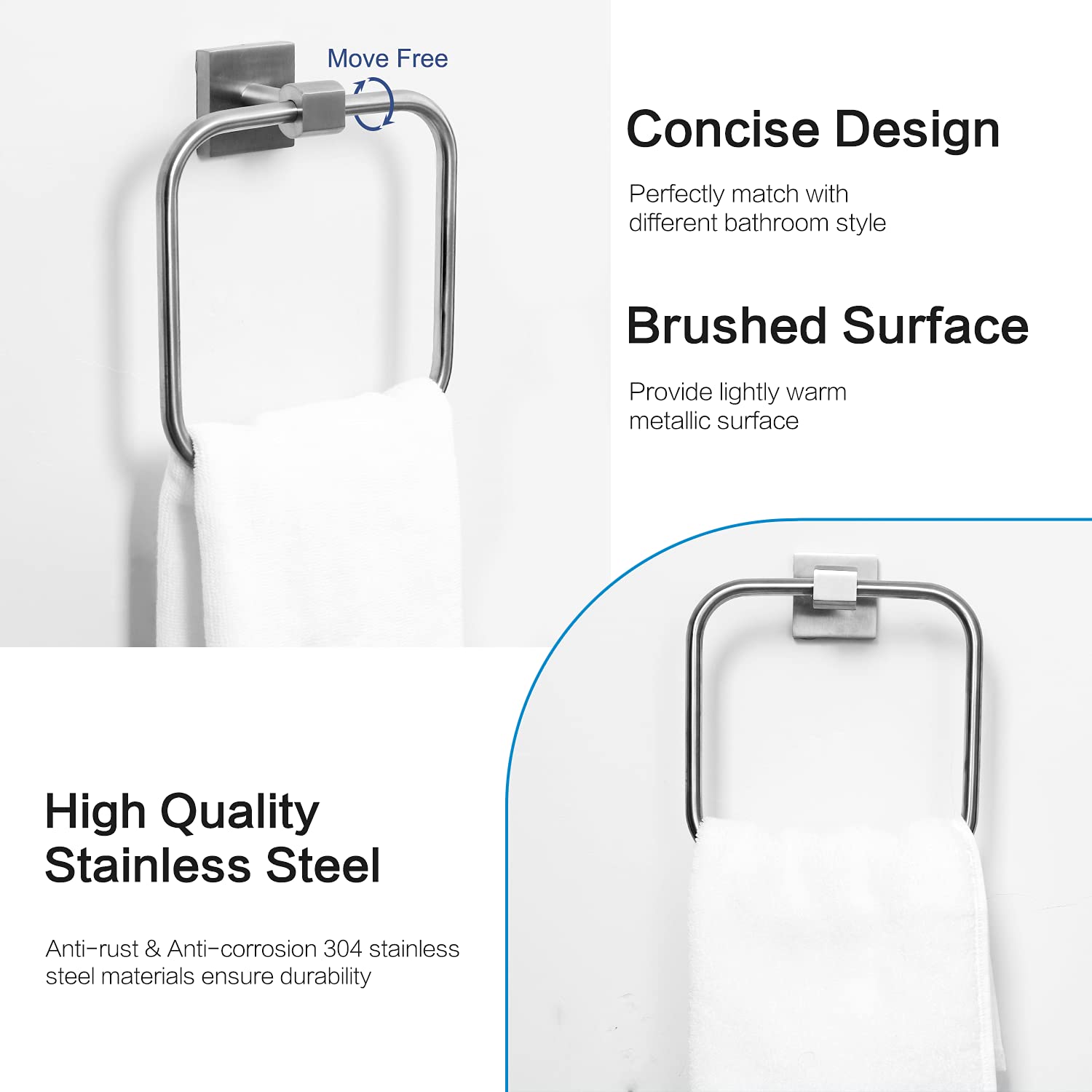 HouseAid Brushed Nickel Square Hand Towel Ring - Stainless Steel Wall Mounted Towel Holder for Bathroom - Perfect for Kitchen, Guest Bath & Laundry Room Organization