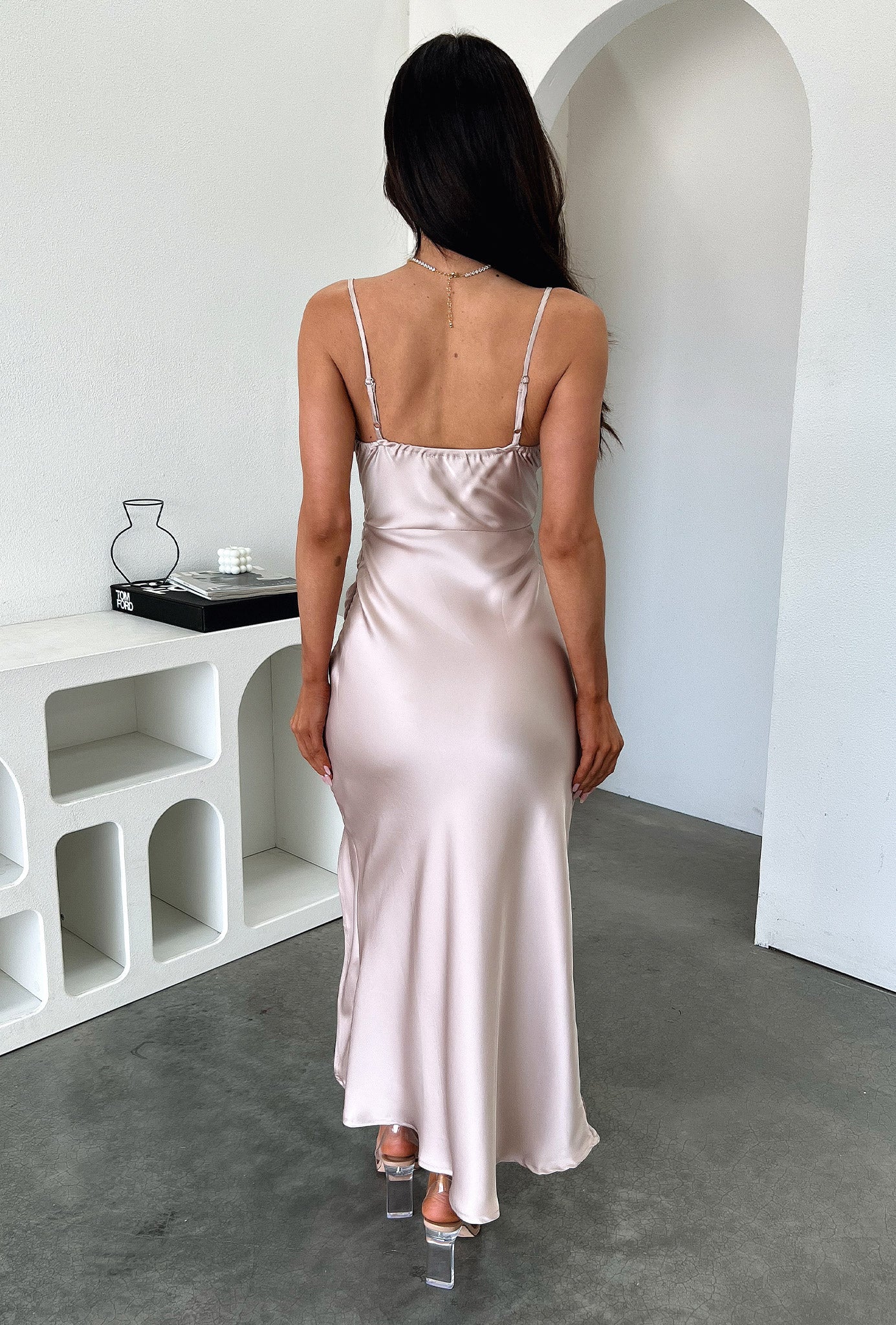 Evelyn Satin Cowl Neck Midi Dress in Champagne - Elegant Evening Gown for Weddings, Parties & Special Occasions