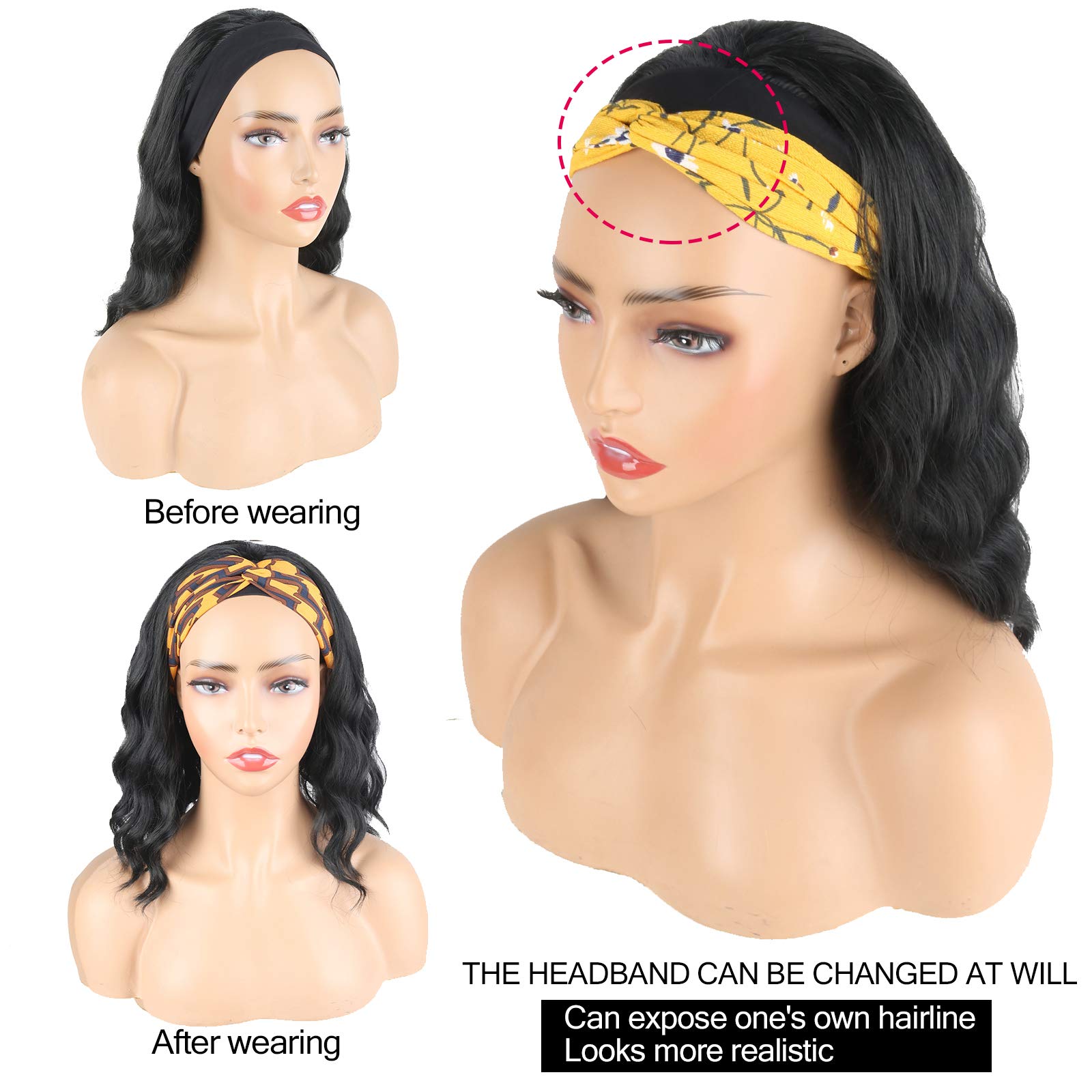 Short Curly Headband Wigs for Black Women - 14 Inch Black Wavy Synthetic Wigs with Attached Headband & Ice Silk Turban - Body Wave Head Wrap Wigs for Women - Perfect for Daily Wear, Cosplay, and Protective Hairstyles