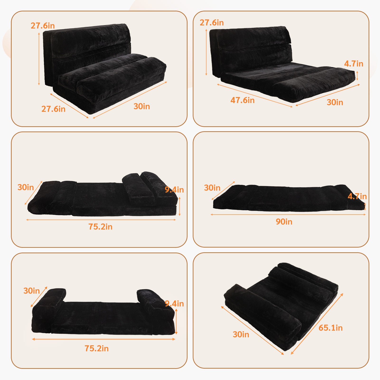 MAXYOYO Extra Wide Bean Bag Bed - Foldable Sofa Bed & Full Floor Mattress for Adults & Teens - Comfortable Lounger for Living Room, Bedroom, Dorm - Black (Home, Office, Camping)