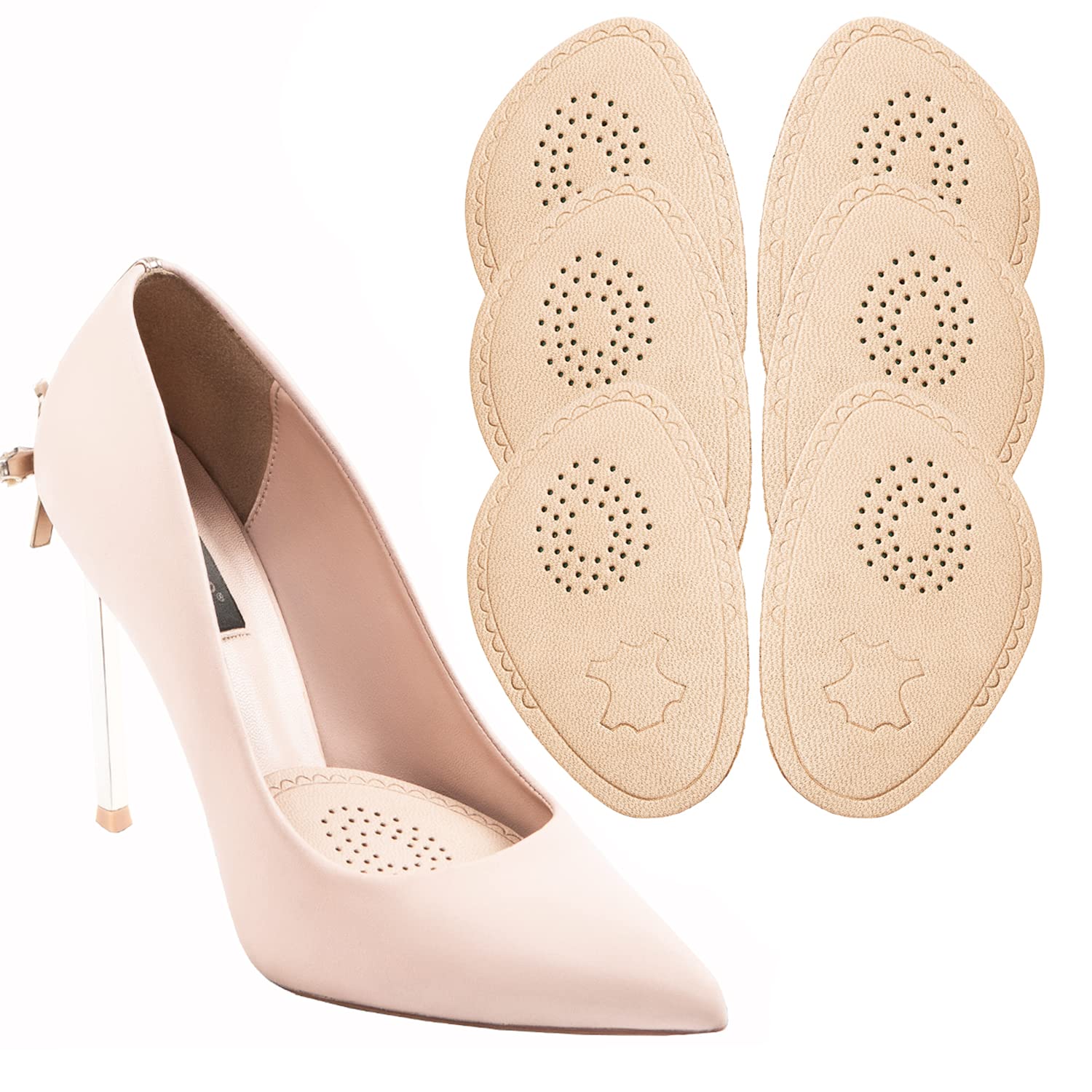 Premium Lambskin High Heel Pads - Metatarsal & Ball of Foot Cushion Inserts for Women - Anti-Slip Forefoot Pads (3 Pairs, Beige) - Comfortable Shoe Insoles for High Heels, Work Shoes & Long Hours Standing