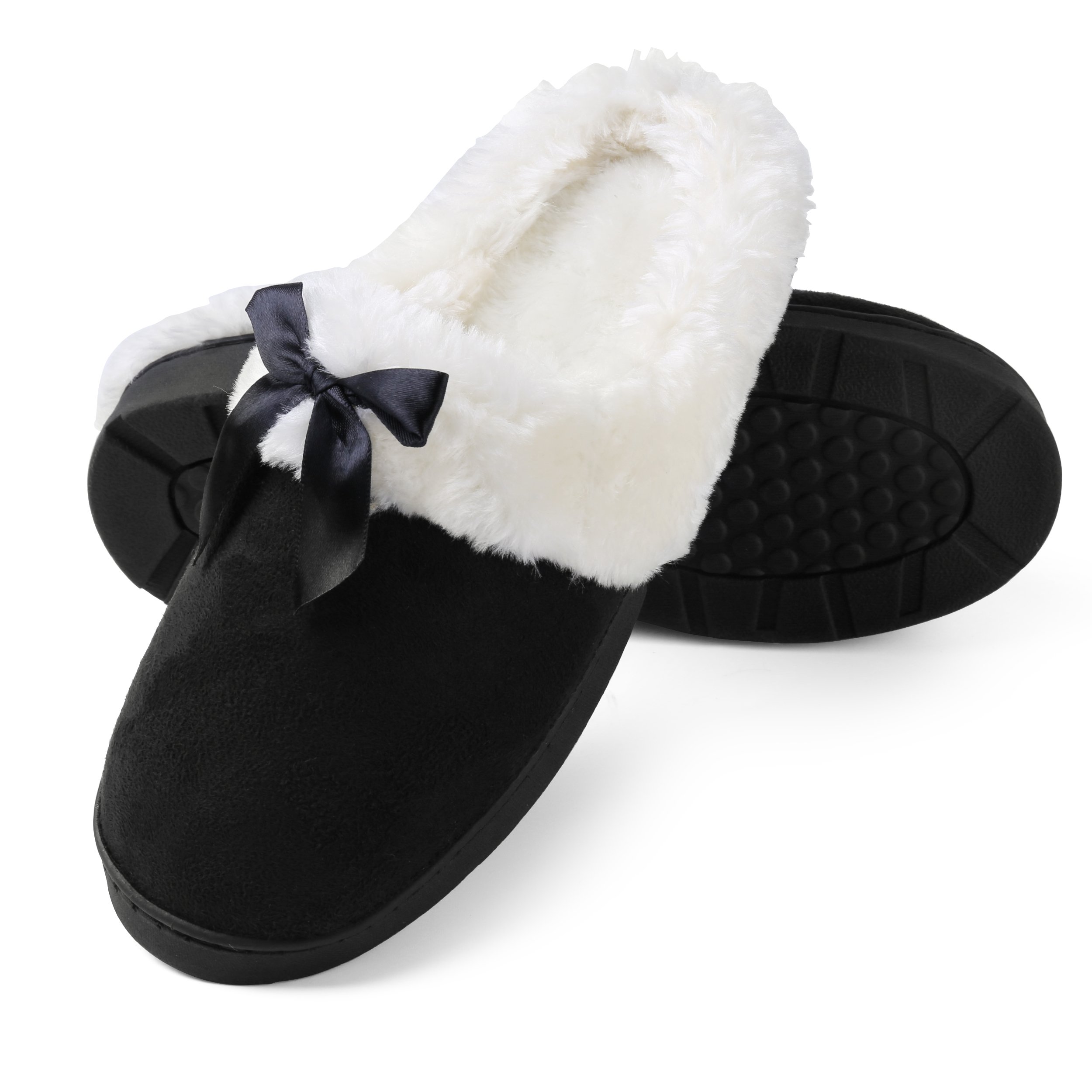 Cozy Fleece House Slippers for Women & Men - Non-Slip Indoor/Outdoor Scuff Slippers - Perfect Housewarming Gift, Home Comfort Shoes for Winter, Lounge, Bedroom & Backyard (Black)