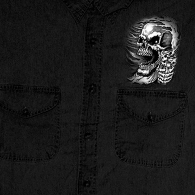 Hot Leathers Assassin Sleeveless Denim Biker Shirt with Skull & Pistols Design - Motorcycle Riding, Rock Concerts, and Casual Streetwear Outfits