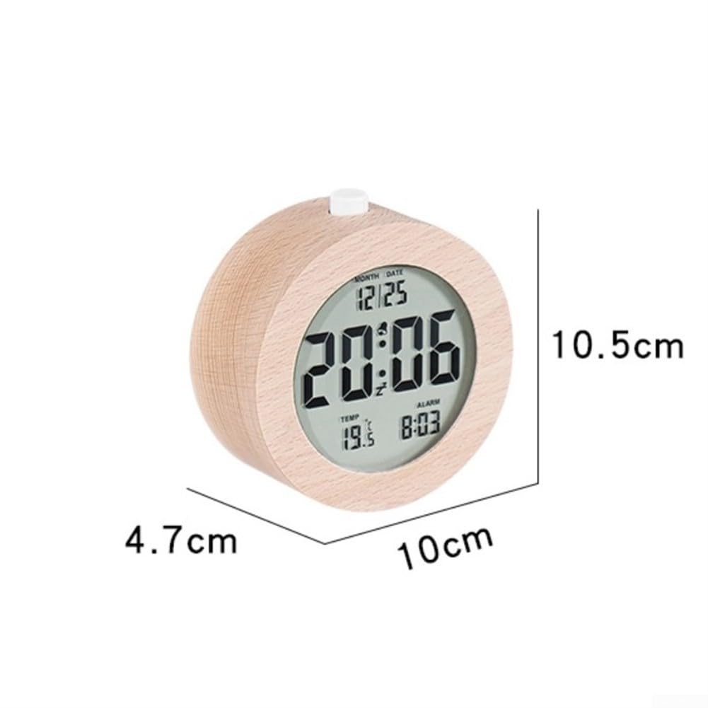 Portable Round Wood Digital Clock with LED Illuminated Face & Calendar Display - Perfect for Bedroom, Office, and Home Decor