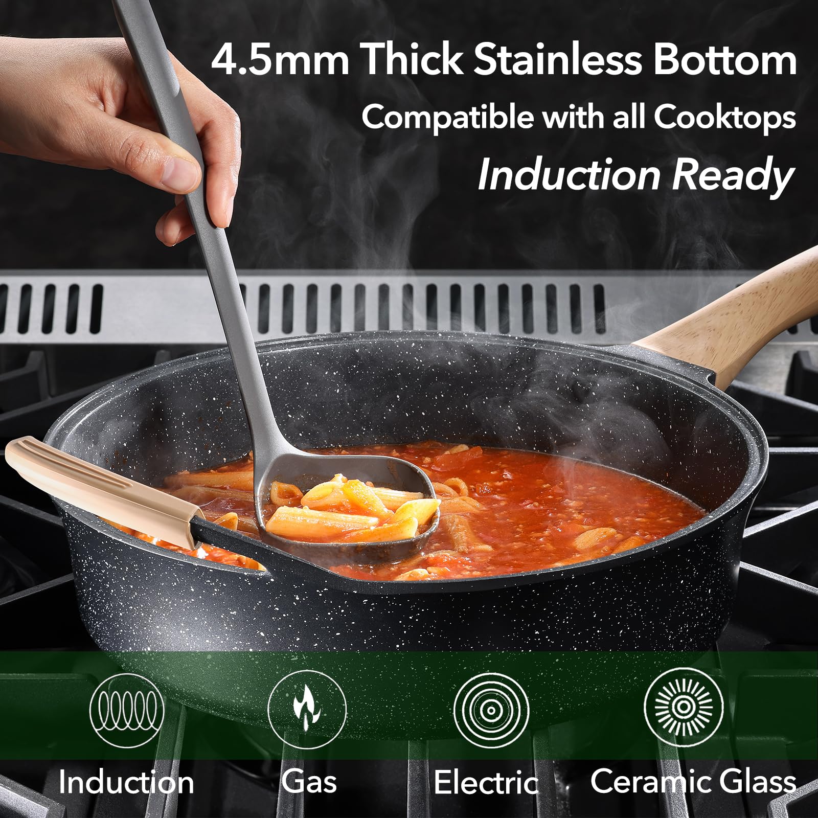 **11 Inch Nonstick Frying Pan with Lid – 4.5 QT Swiss Granite Coating Sauté Pan – PFOA-Free, Induction Ready – Healthy Nonstick Skillet with Helper Handle & Silicone Cover – Perfect for Sautéing, Frying & Everyday Cooking**