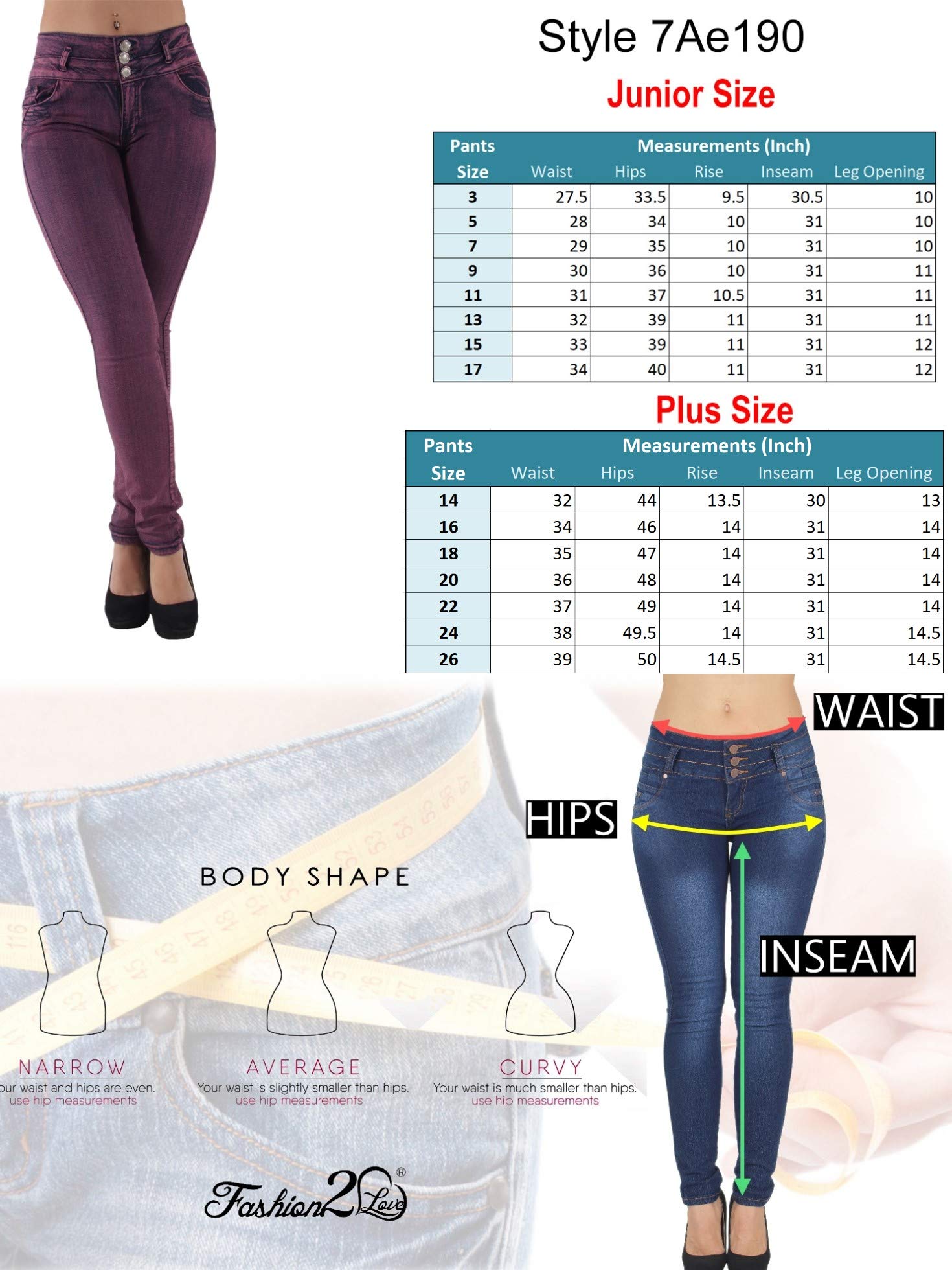 Plus & Junior Size Butt Lift Levanta Cola Skinny Pink Denim Women's Jeans - Flattering High-Waisted Stretch Jeans for Curvy Women | Perfect for Casual Wear, Night Out & Bodycon Outfits