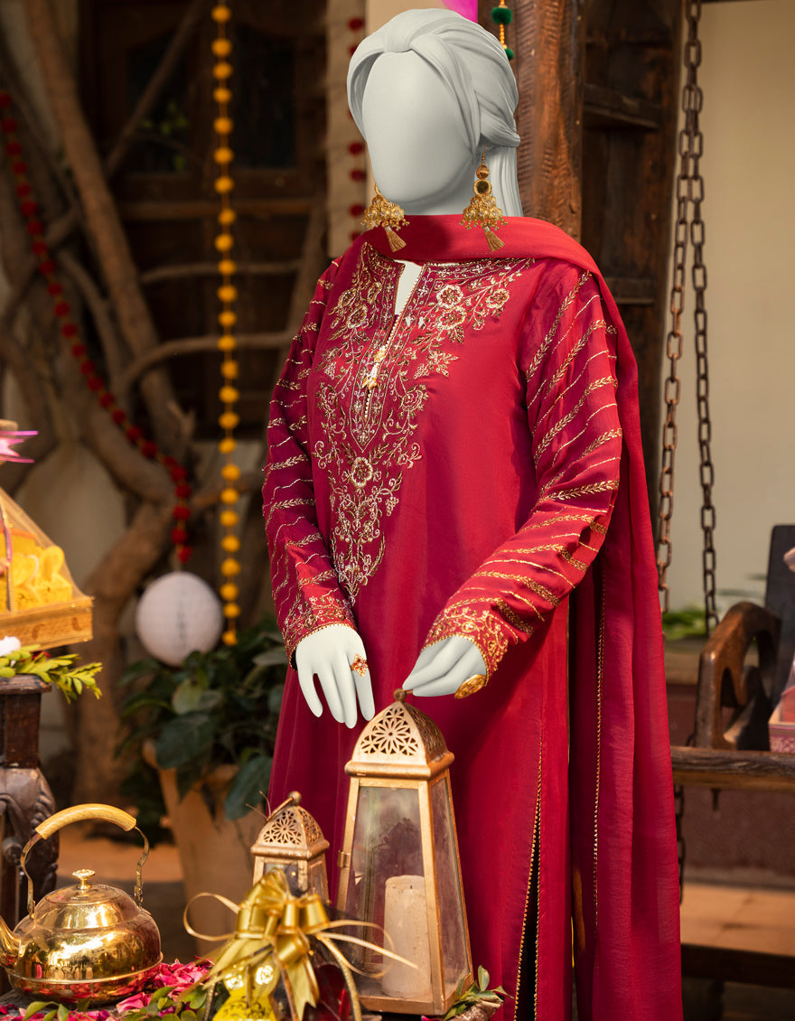 Elegant Red Chiffon Embroidered Suit by J. Junaid Jamshed - Perfect for Weddings, Parties & Special Occasions