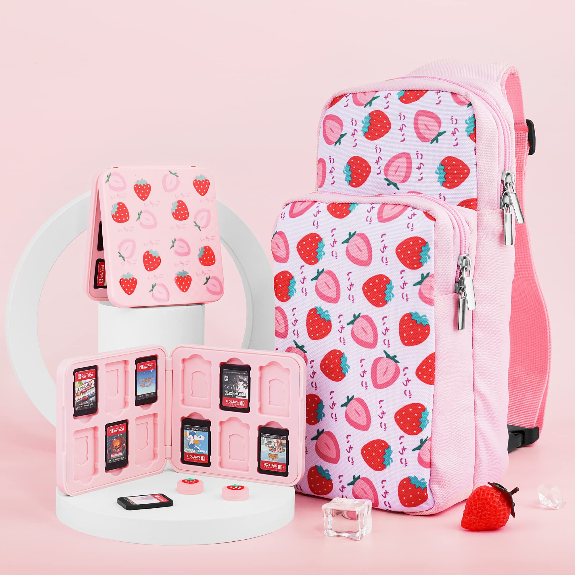 RHOTALL Pink Travel Bag for Nintendo Switch/Lite/OLED - Large Capacity Portable Carrying Case with 12 Game Slots & Thumb Grip Caps (Strawberry) - Perfect for Gaming On-The-Go, Travel Accessories Storage & Shoulder Backpack