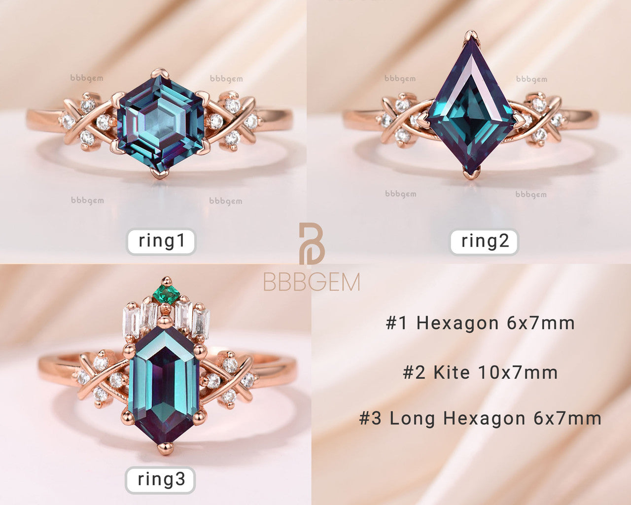 14K Rose Gold Kite Cut Alexandrite Engagement Ring Set with Cluster Crossover Diamonds | Vintage Inspired Wedding Band, Anniversary Gift for Her | Perfect for Proposals, Bridal Jewelry & Special Occasions