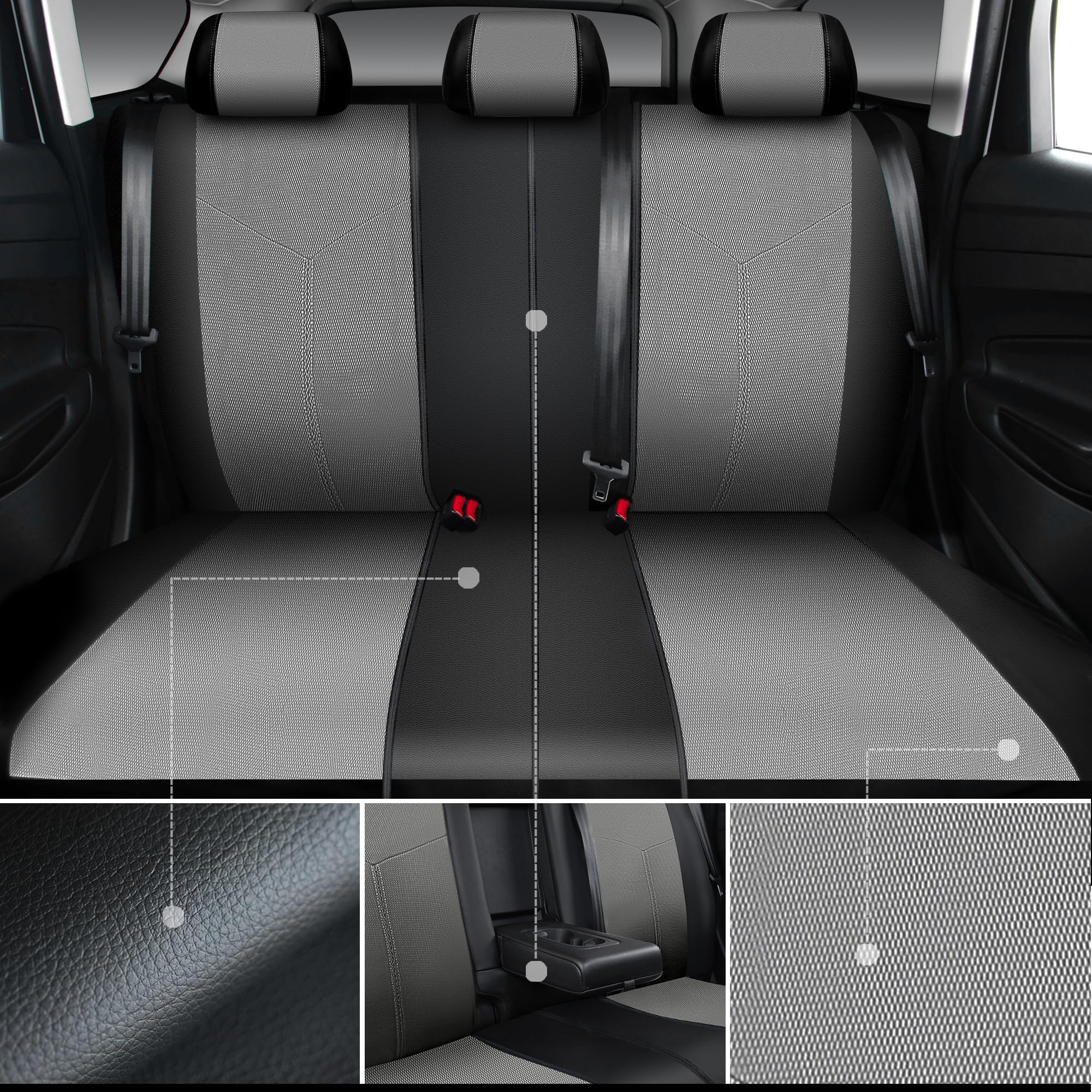 Premium Universal Fit CAR PASS Faux Leather & Air Mesh Car Seat Covers Full Set - Light Gray, Airbag Compatible, 3-Zipper Rear Armrest - Perfect for SUVs, Sedans & Trucks - Enhances Comfort & Protects Seats from Wear
