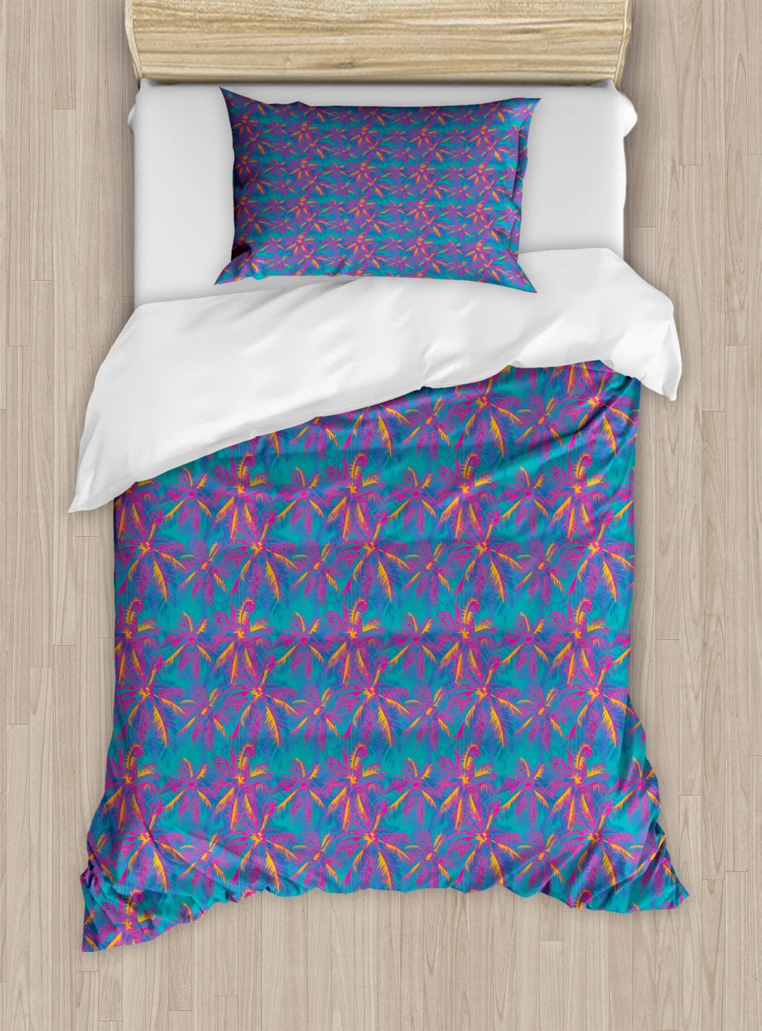 Ambesonne Tropical Palm Duvet Cover Set - Vibrant Abstract Tree Design Queen Size 2-Pack (2 Duvet Covers + 4 Pillowcases) for Summer Bedroom Decor, Beach House & Boho Chic Style