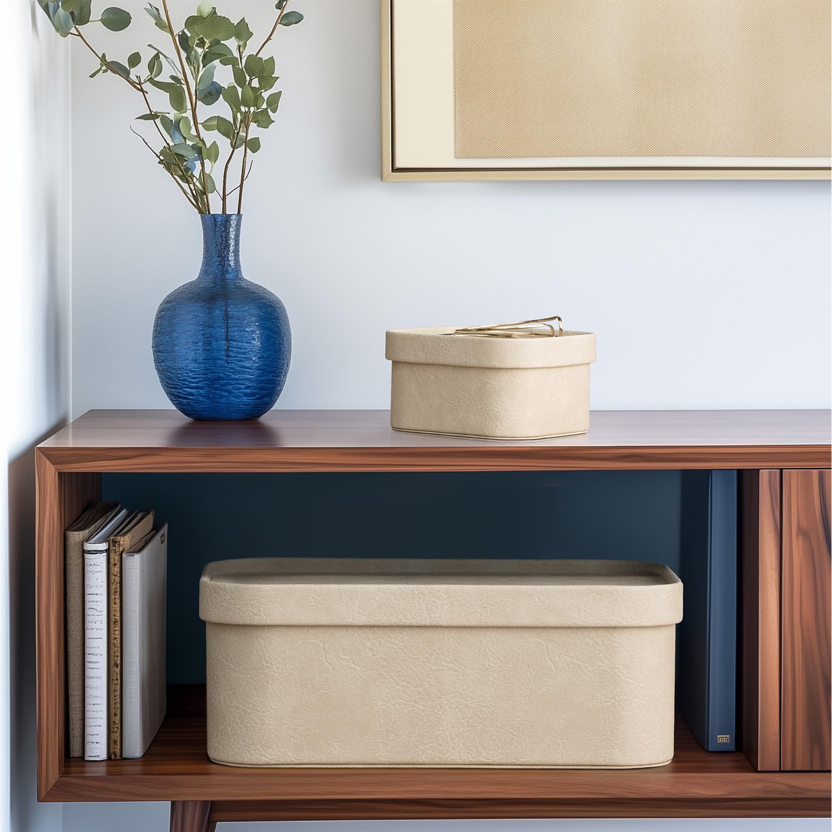 La Jolie Maison 3-Piece Vegan Leather Storage Box Set with Lids - Stackable Decorative Organizer Boxes for Home, Office & Closet - Beige Storage Containers for Jewelry, Makeup & Small Items