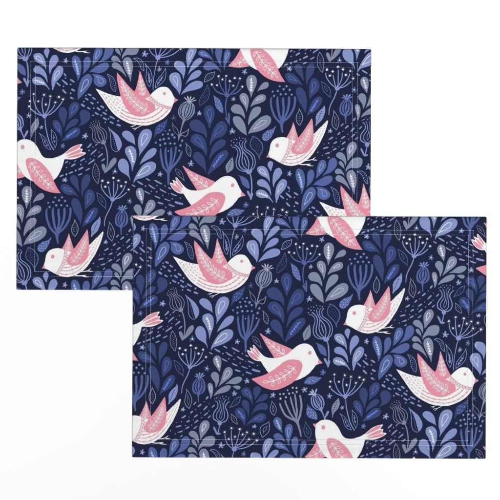 Linen Cotton Canvas Placemats Set of 2 - Blue Autumn Leaves & Flying Birds Print Table Mats for Dining Room Decor, Kitchen Table Setting, Fall Thanksgiving Dinner Party