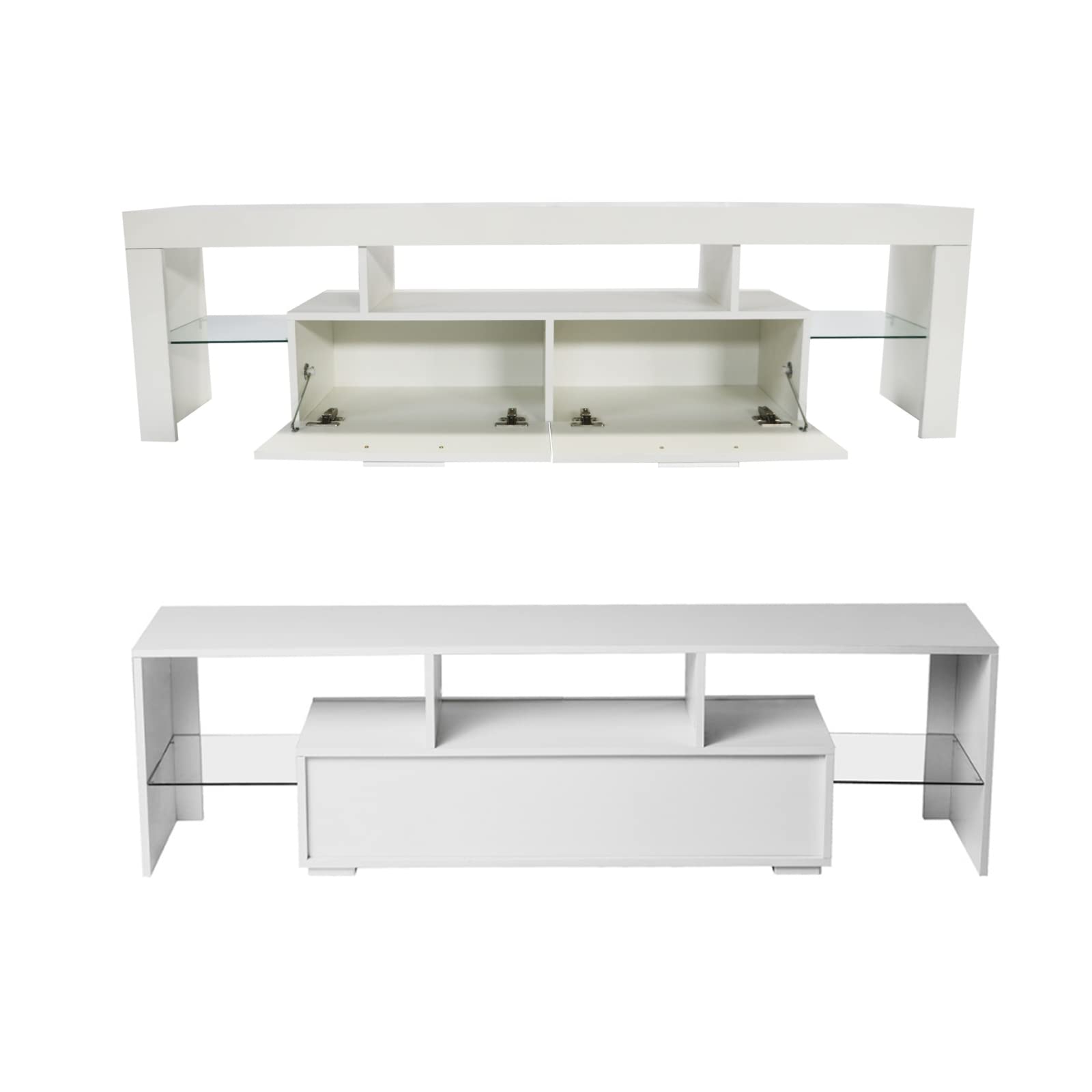 70 Inch White TV Stand with 16-Color LED Lights - High Gloss Entertainment Center with Large Storage Cabinet & Glass Shelves - Perfect for Living Room, Bedroom & Home Theater Setup
