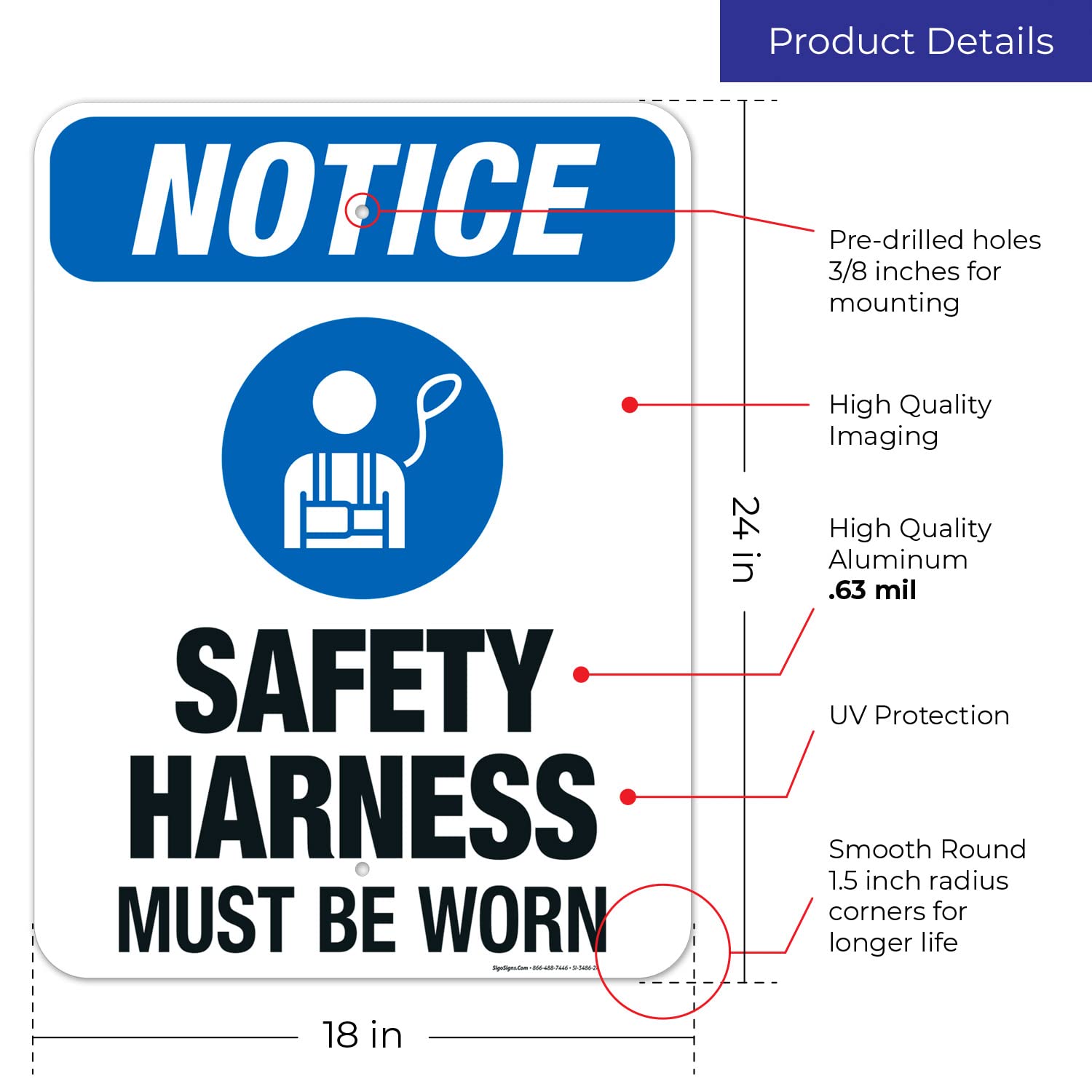 OSHA Safety Sign - 'Safety Harness Must Be Worn' 18x24 Inches, Rust-Free .063 Aluminum, Fade-Resistant for Indoor/Outdoor Use | Made in USA | Perfect for Construction Sites & Industrial Workplaces