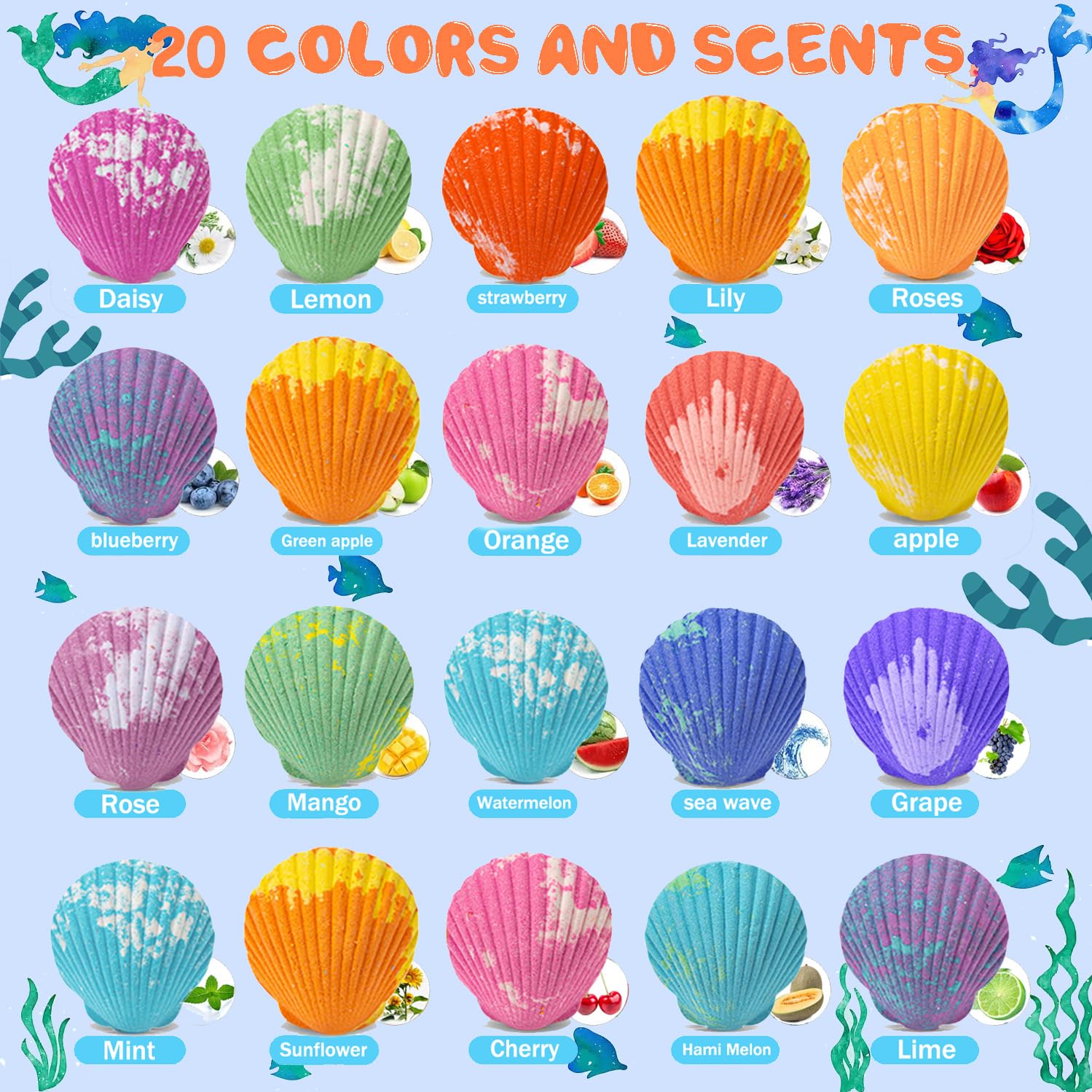 20 Pack Mermaid Bath Bombs for Kids - Surprise Inside with Princess Jewelry, Natural Organic Bubble Shell Bath Bomb Set - Perfect Birthday, Easter & Christmas Gifts for Girls - Fun Bath Time & Party Favors