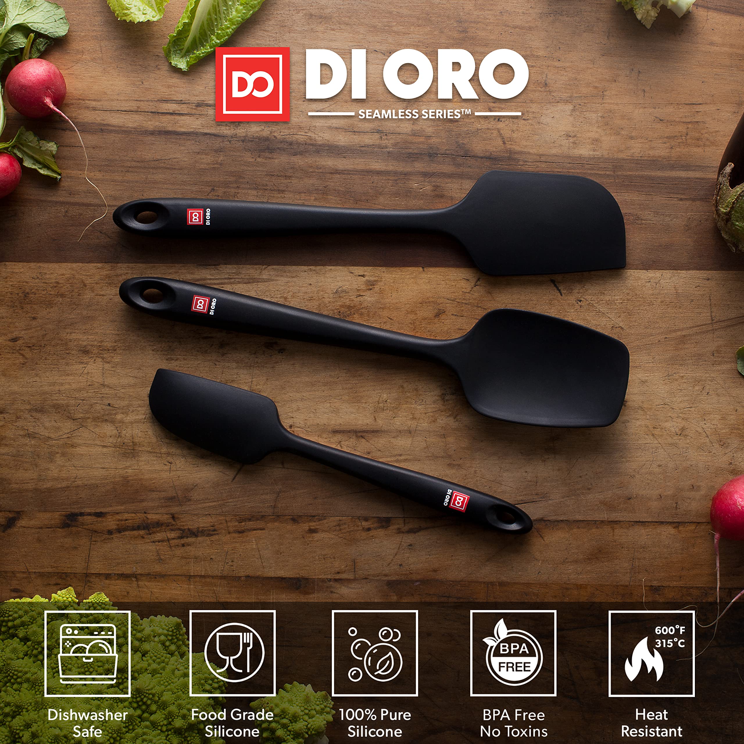 DI ORO Chef Series 3-Piece Turner Spatula Set with 2-Piece Silicone Baking Mats & 3-Piece Silicone Spatulas - Premium Non-Stick Kitchen Utensils for Cooking, Baking, Grilling - Perfect for Home Chefs & Professional Kitchens (Black)
