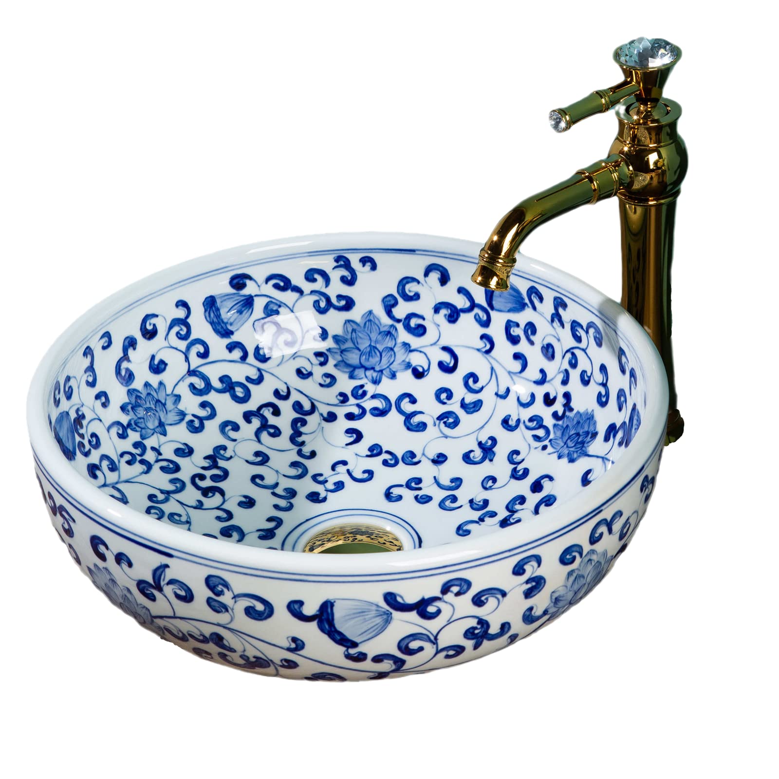 Hand-Painted Blue and White Porcelain Vessel Sink - Round Bathroom Wash Basin with Floral Design - Perfect for Powder Rooms, Guest Baths & Luxury Home Decor
